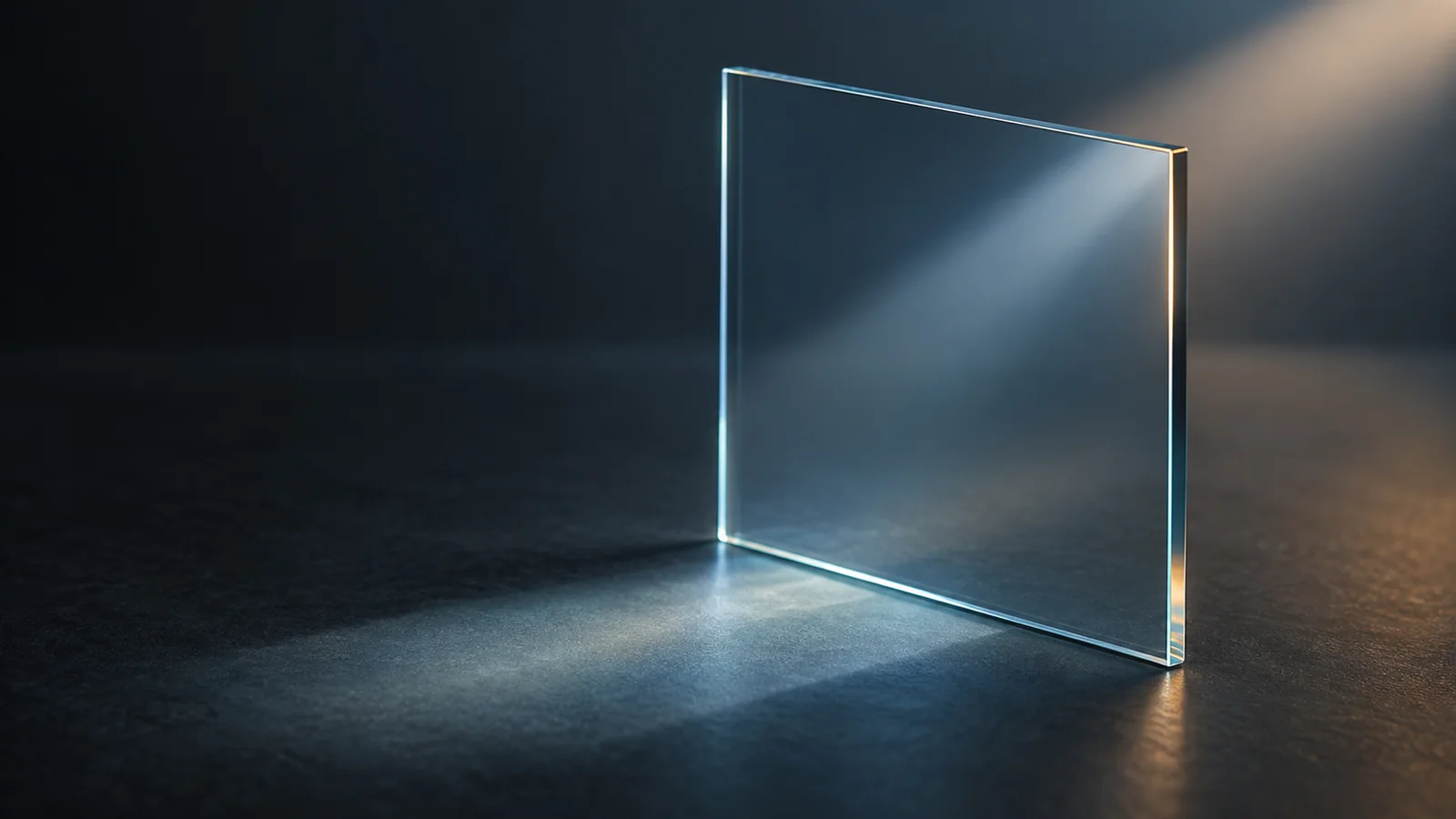 Conceptual image of soft light passing at an angle through a plain, clear glass plate with a faint blue-grey tint, against a dark background