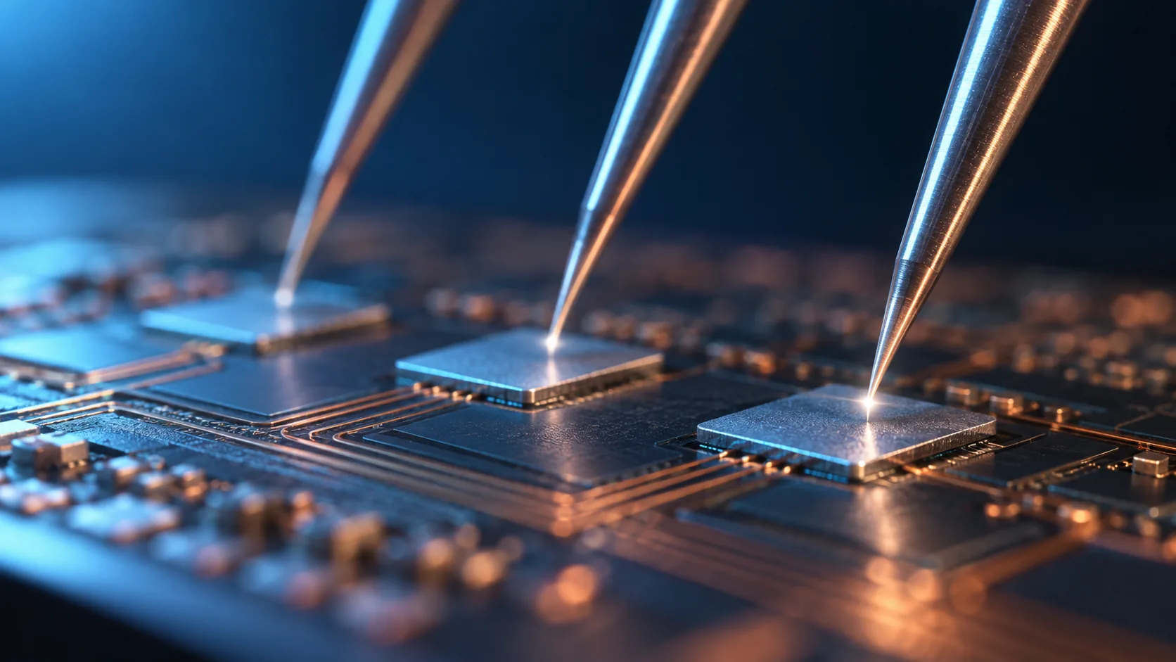 Close-up conceptual image of a probe card carrying many fine needles making contact with the electrode pads of a silicon wafer