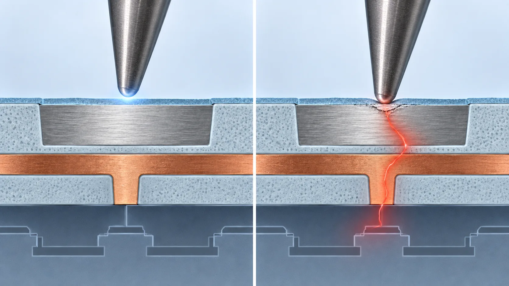 Conceptual illustration of What happens when a probe needle contacts an electrode pad
