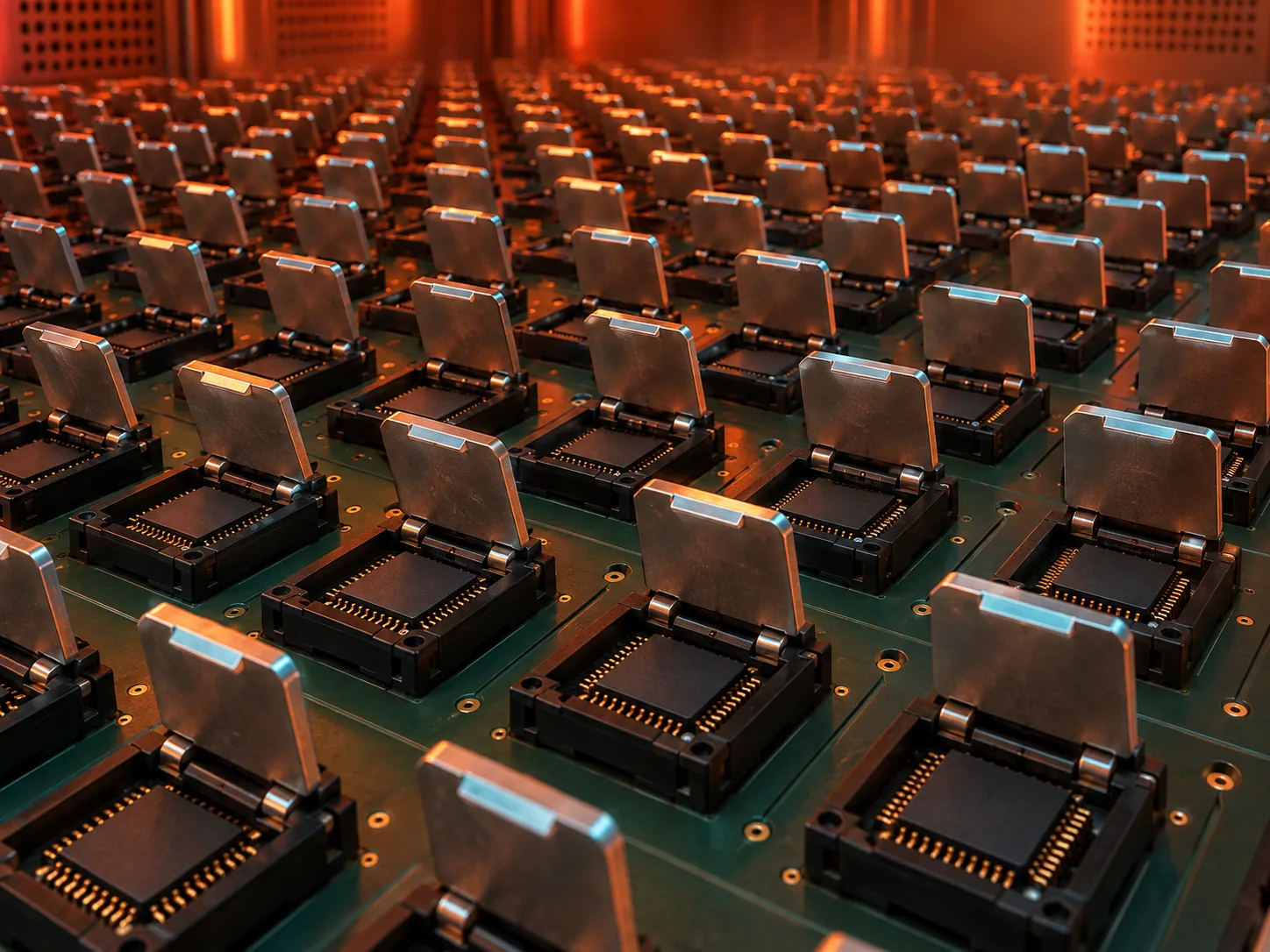 Conceptual image of IC sockets and ICs arranged in neat rows on a burn-in board, under reddish lighting suggesting a high-temperature environment