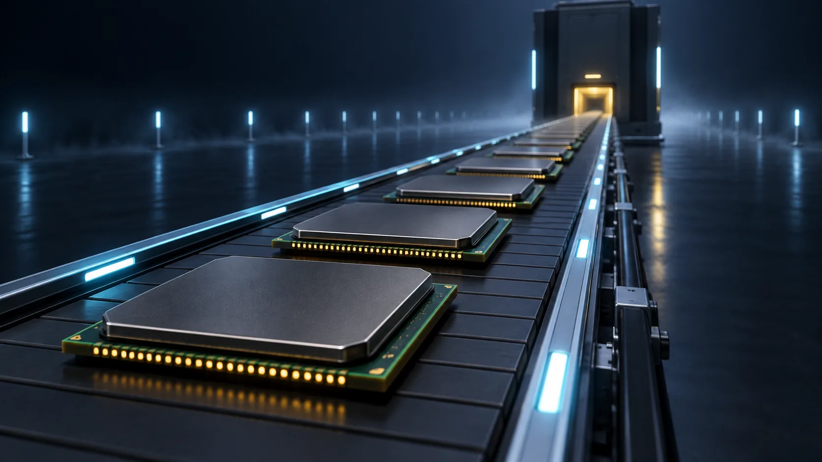 Conceptual image of large AI accelerator packages queued up waiting in front of test equipment