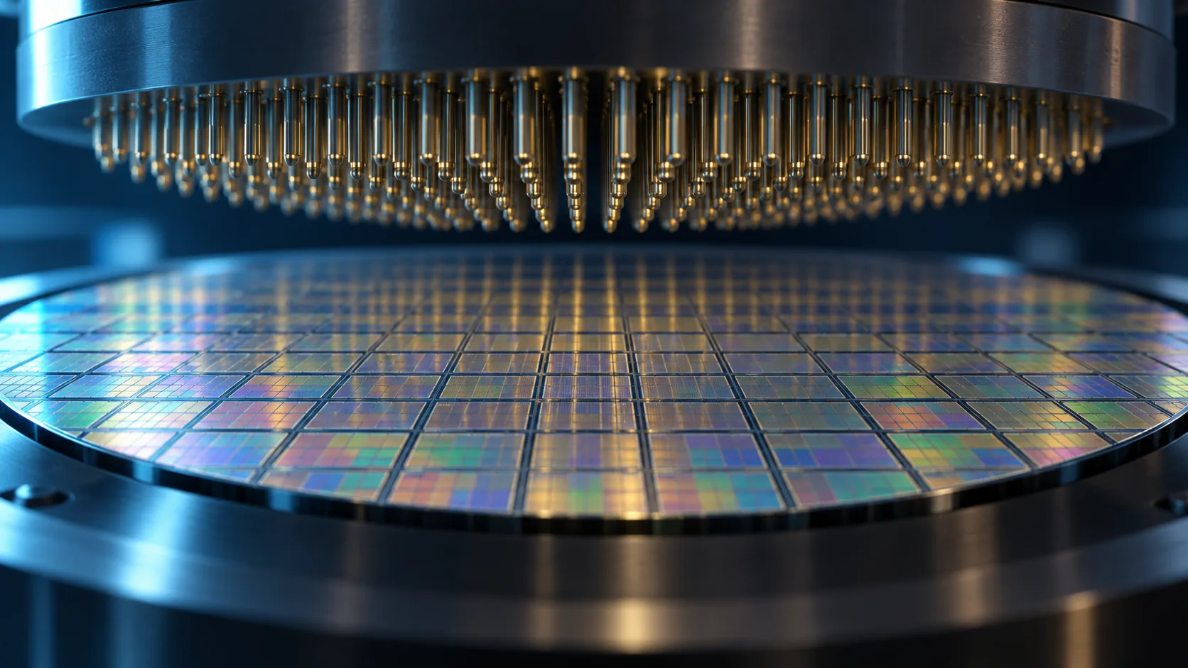 Conceptual image of a probe card making contact with a silicon wafer inside a wafer prober