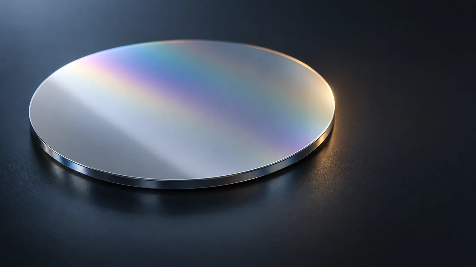 Conceptual image of a round substrate on a dark surface, its top covered by an extremely thin, faintly translucent crystal layer showing soft interference colours in the light