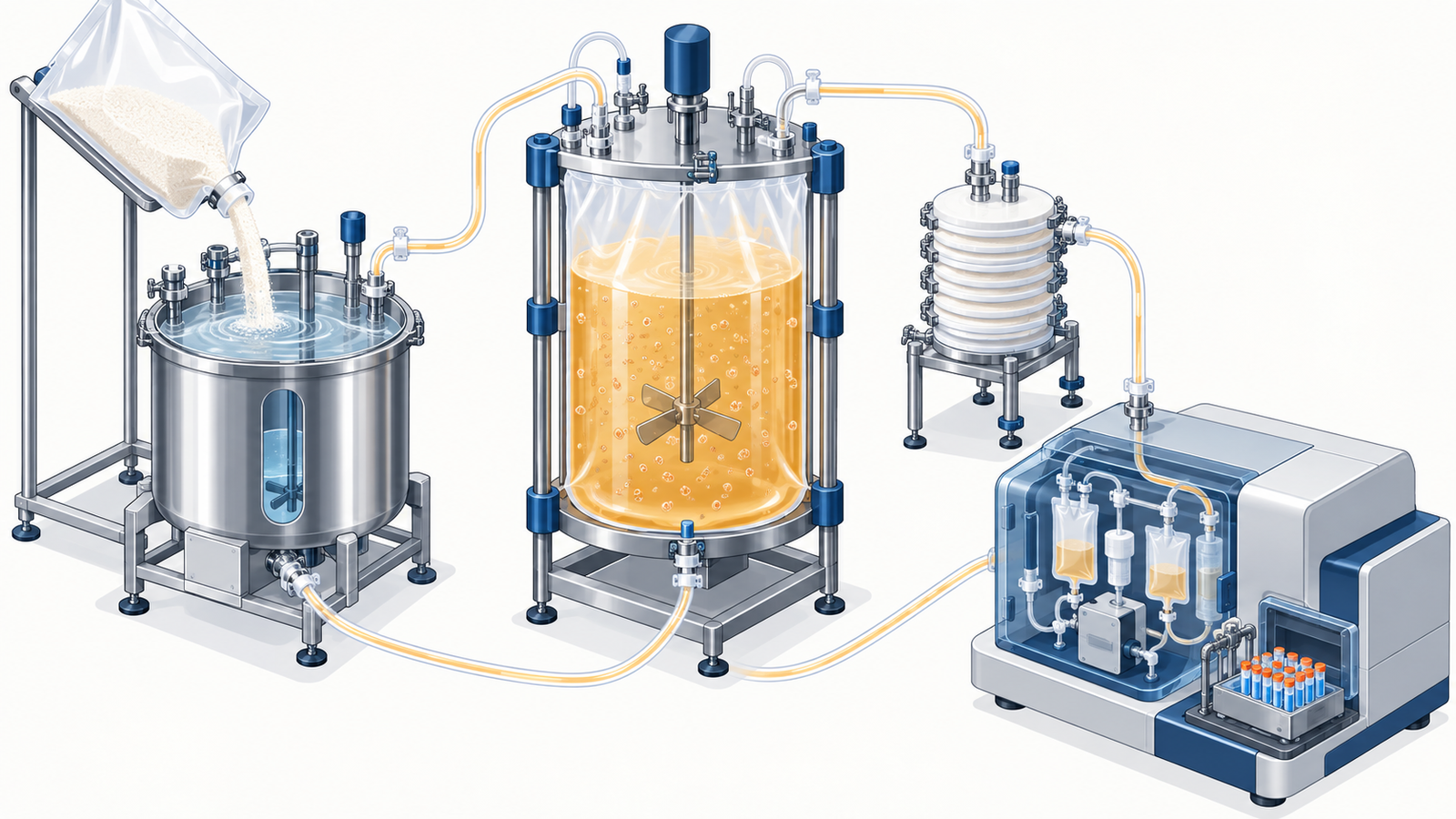 Concept diagram: a set-up supplying media, single-use culture vessels and filtration as one continuous chain, alongside automated cell therapy manufacturing equipment