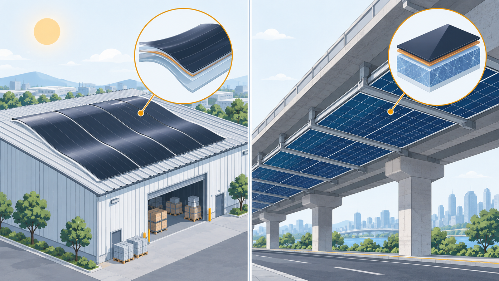 Concept diagram: film-type cells laid on a lightweight roof beside tandem panels with perovskite stacked on silicon