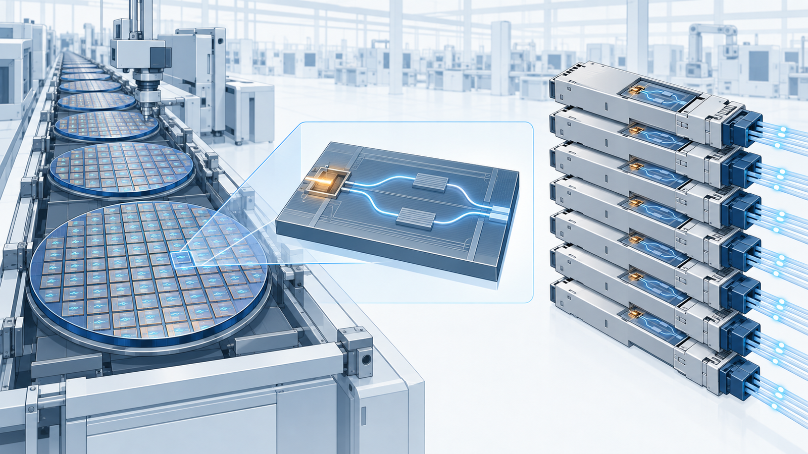 Concept diagram: in a fab full of wafers, photonic chips being built into pluggable optical transceivers