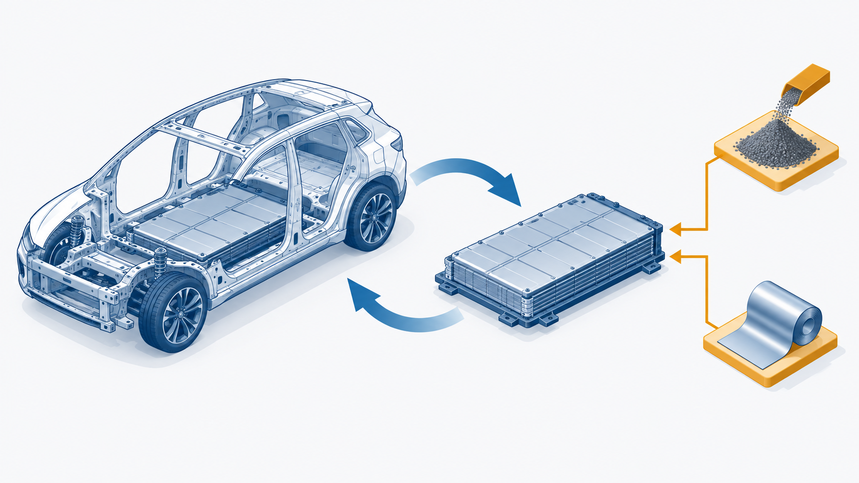 Concept diagram: an automaker developing the car and the battery as a set, with work shared with materials makers