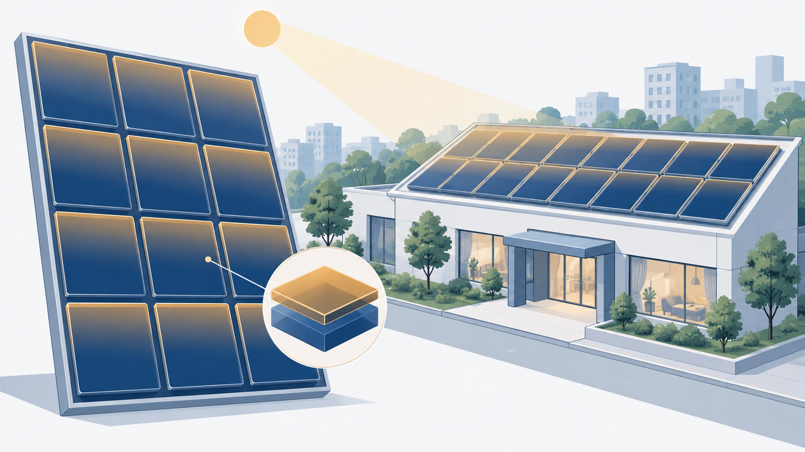 Concept diagram: a standard-size module lined with large 210 mm tandem cells, installed as distributed generation on a rooftop