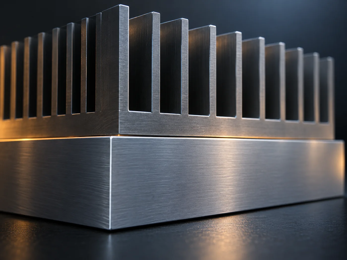 Conceptual image, seen from a low angle against a dark background, of a finned metal block resting quietly on the smoothly finished top face of another metal block