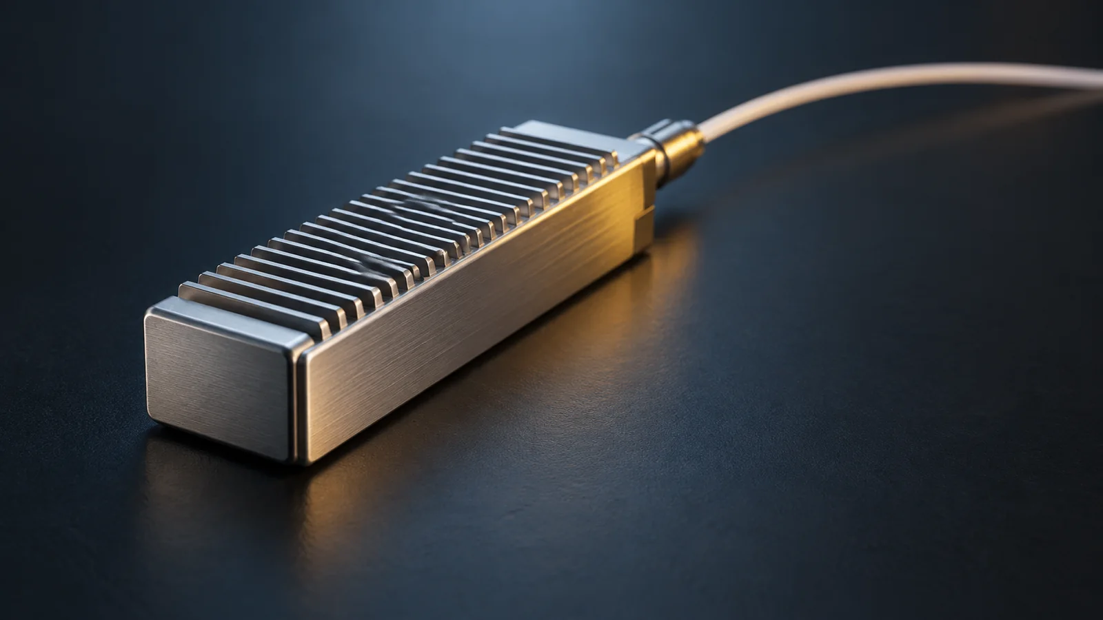 Conceptual image of a plain, slender metal module with fine cooling fins on its top face, resting on a dark surface with a thin optical fibre running from one end