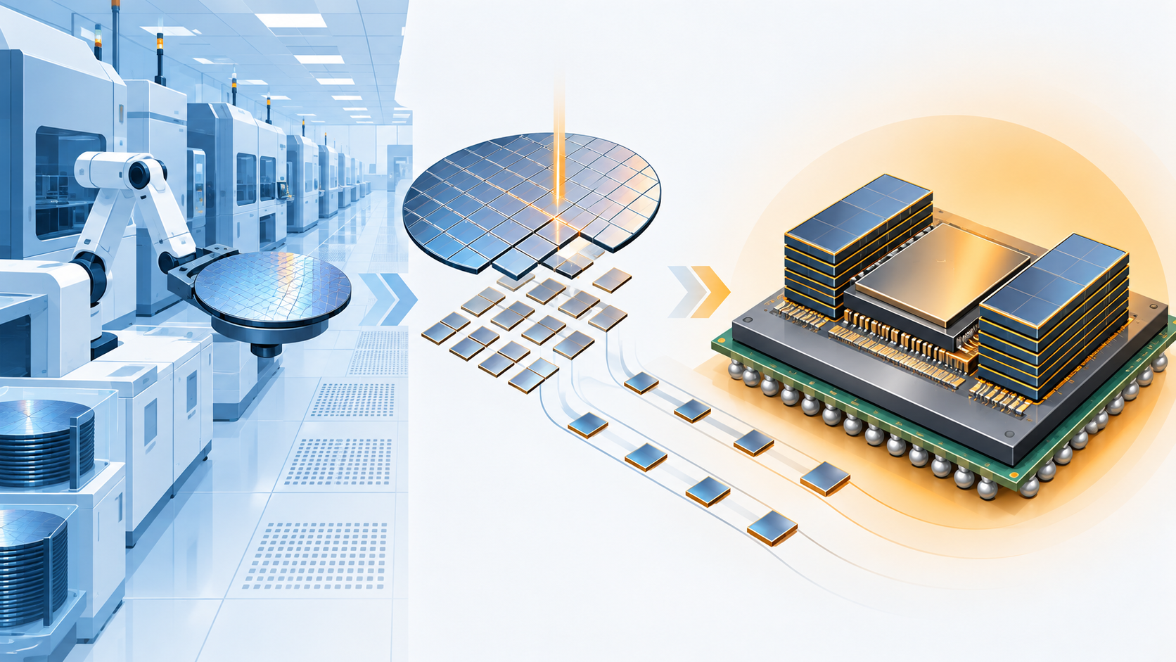 Concept diagram showing TSMC front-end and back-end operations joined into one supply chain (AI-generated concept image)
