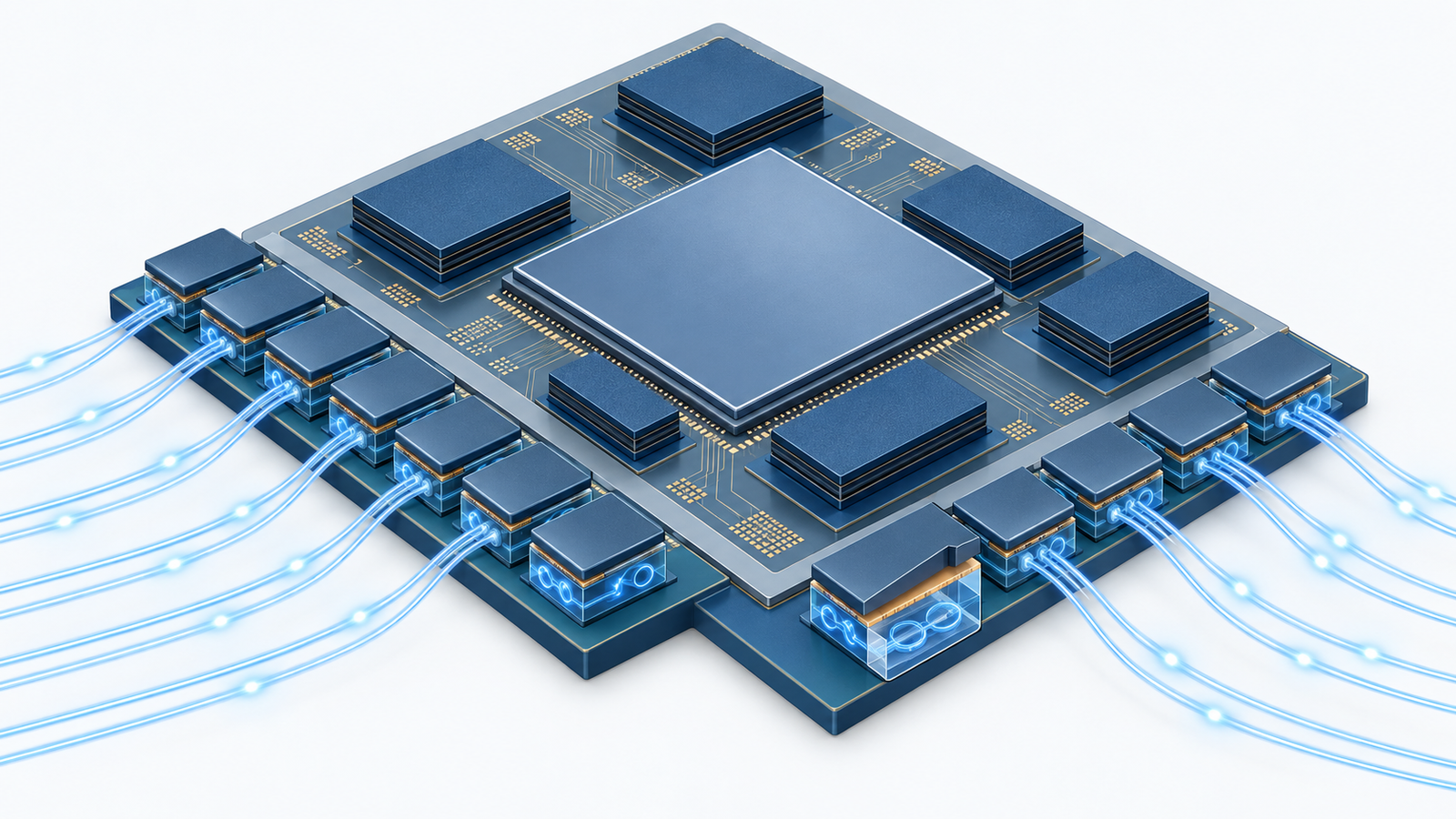 Concept diagram: optical engines, each an electronic chip stacked on a photonic chip, lined up along the edge of an AI chip package