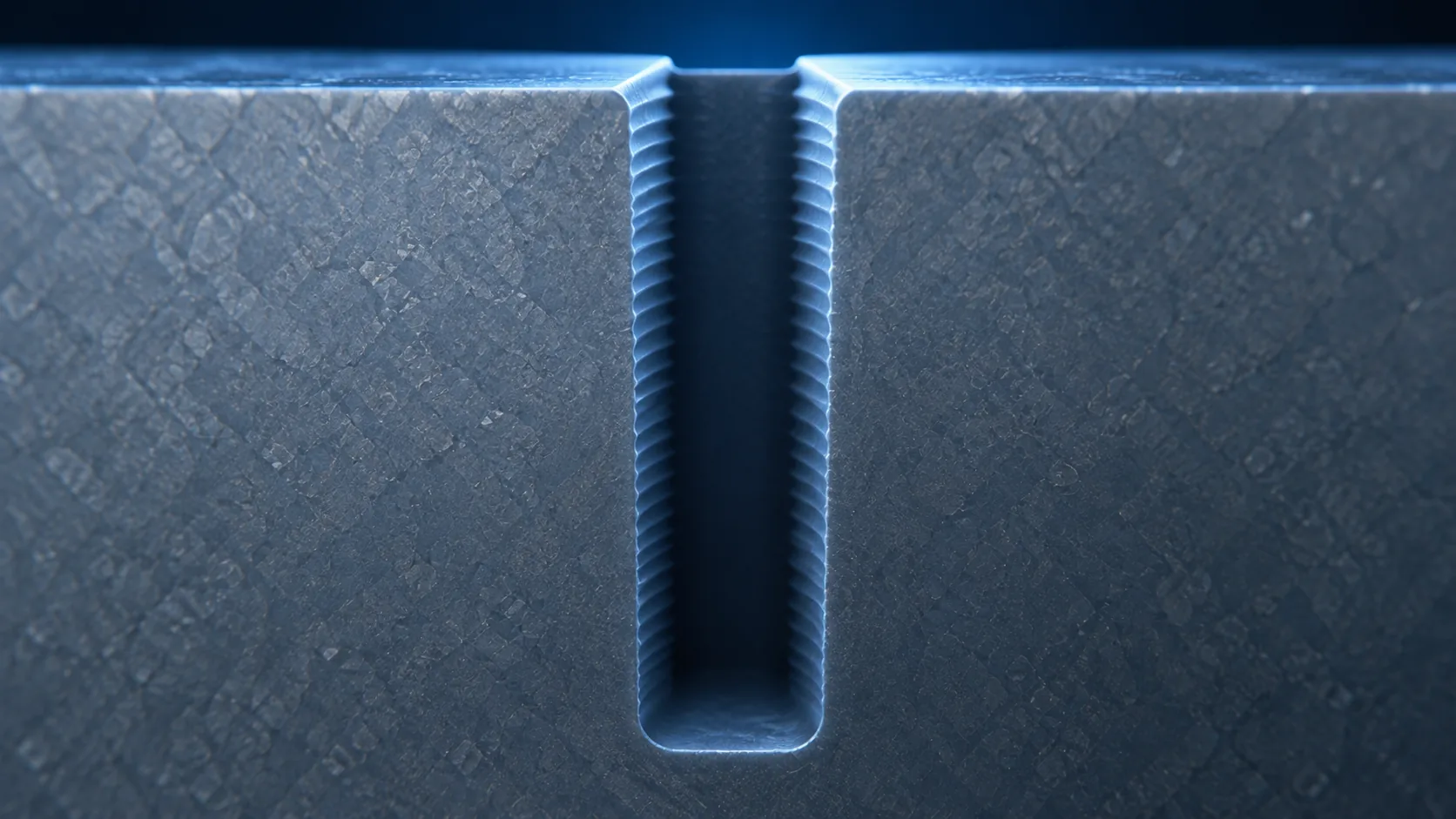 Magnified impression of a narrow deep hole in silicon whose sidewall carries a regular series of fine wavy steps