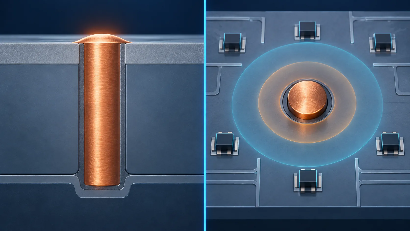 Conceptual illustration of Two problems caused by thermal expansion of the copper in a TSV