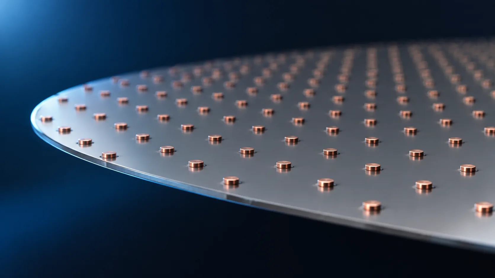 Macro impression of copper electrode heads protruding slightly from the back of a thinned silicon wafer in a regular array