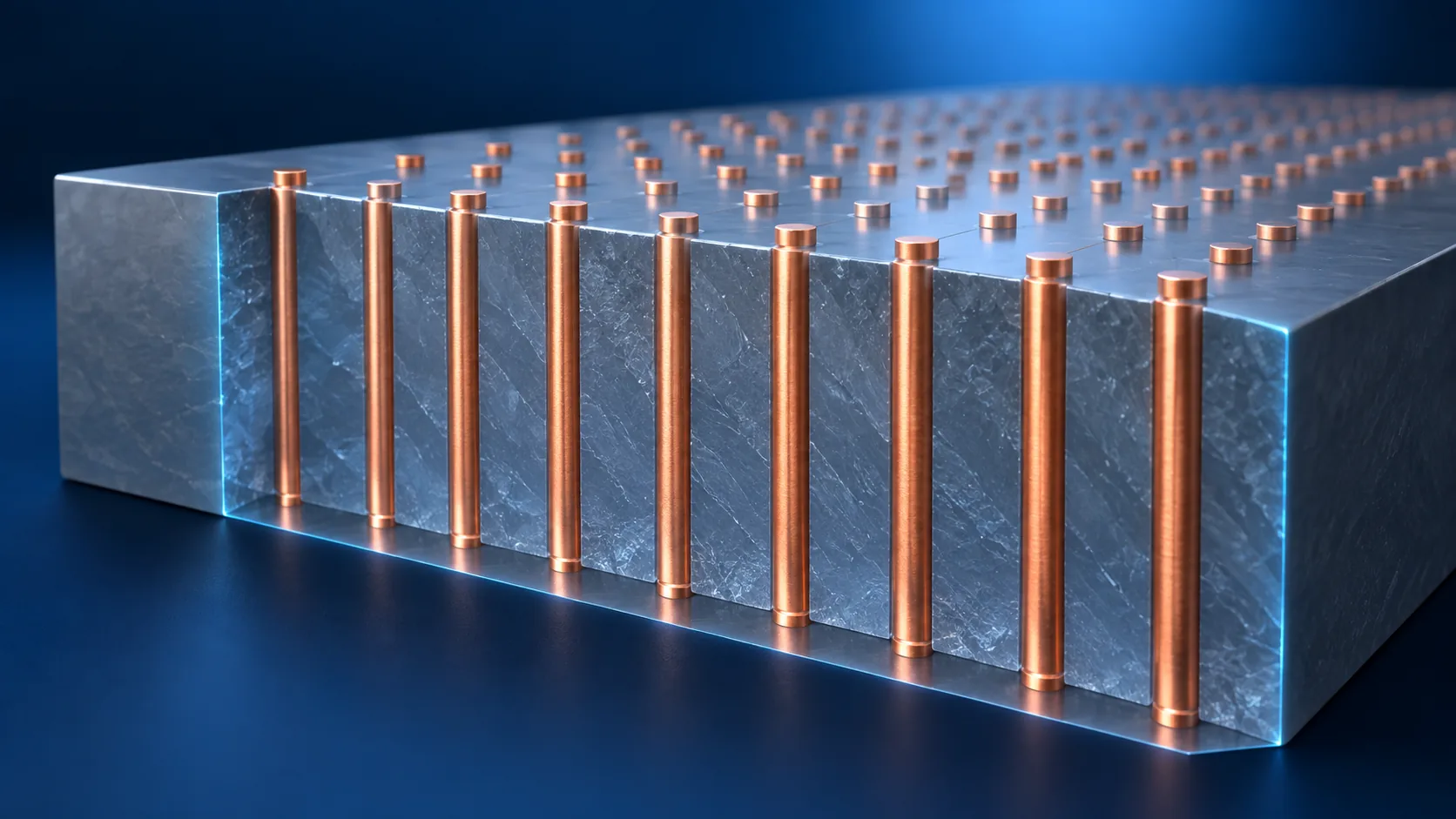 Conceptual image of slender copper pillars running vertically through a slab of silicon in a regular array