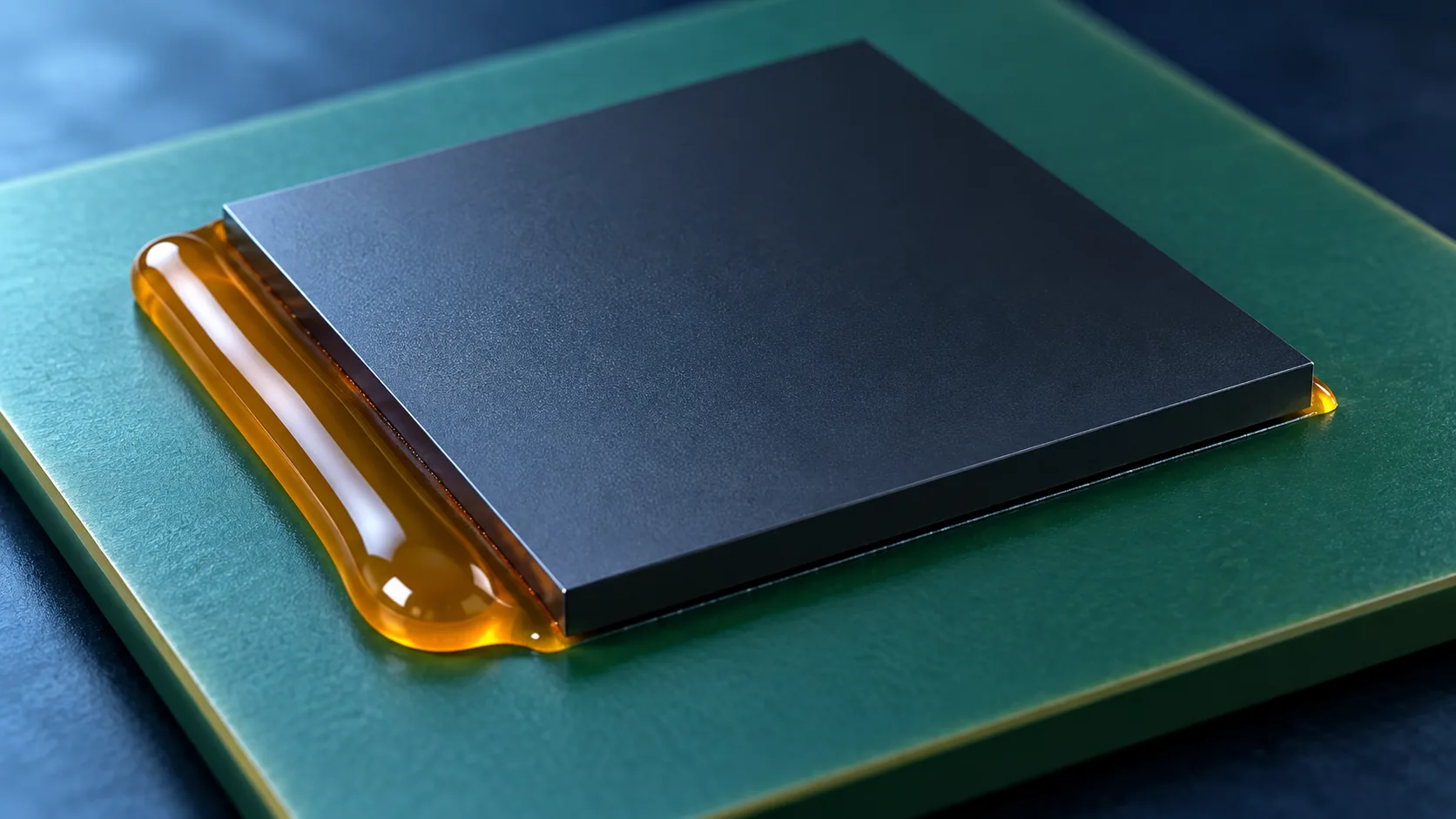 Magnified conceptual image of an amber droplet placed at the chip edge spreading as it is drawn into the narrow gap
