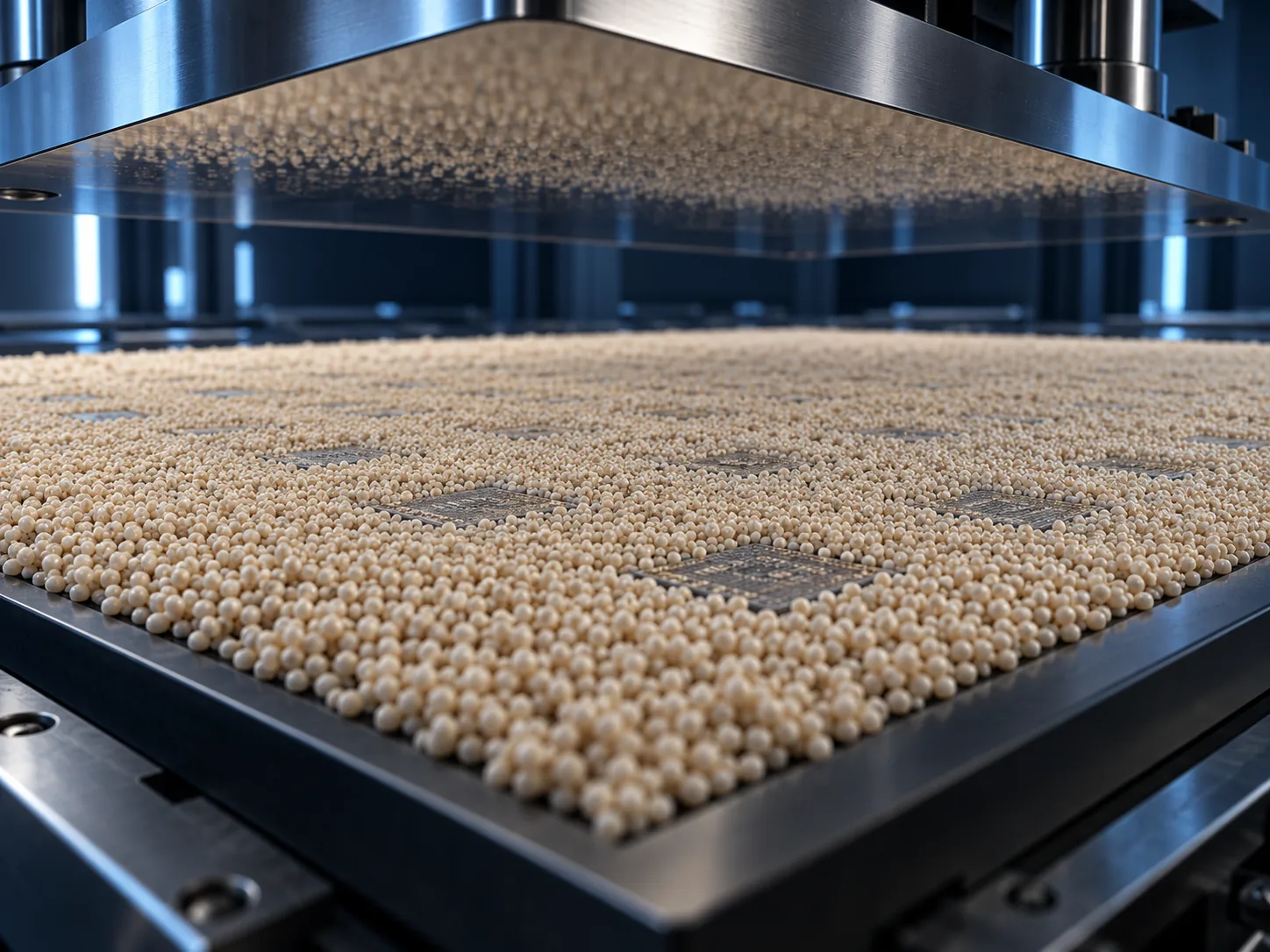 Conceptual image of fine resin granules spread evenly over a large flat panel with a flat mould descending onto them
