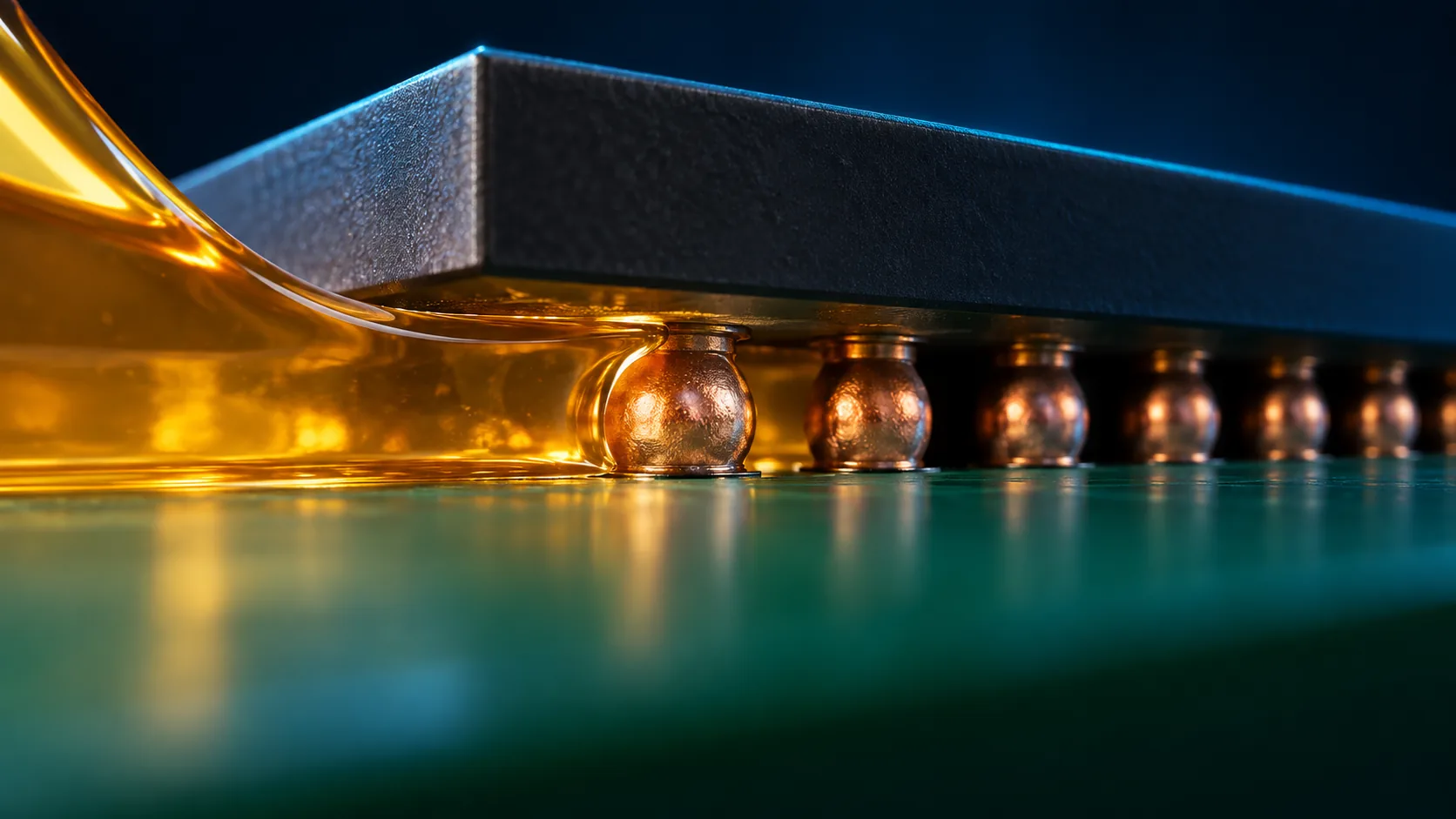 Magnified conceptual image of amber resin flowing in from the edge of the narrow gap between a semiconductor chip and its substrate