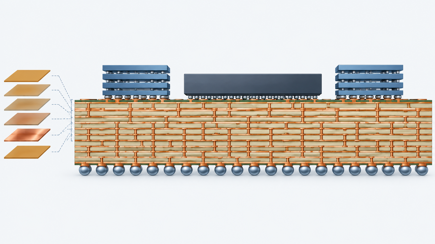 Concept diagram showing a cross-section with an AI die and memory on a large package substrate, the substrate drawn as the largest element (AI-generated concept image)