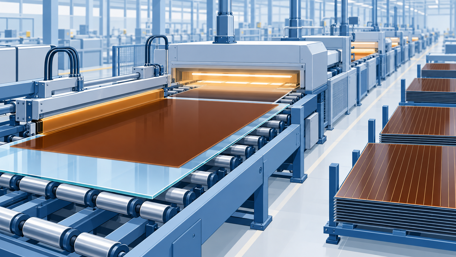 Concept diagram: a production line continuously depositing a uniform perovskite film on large glass sheets