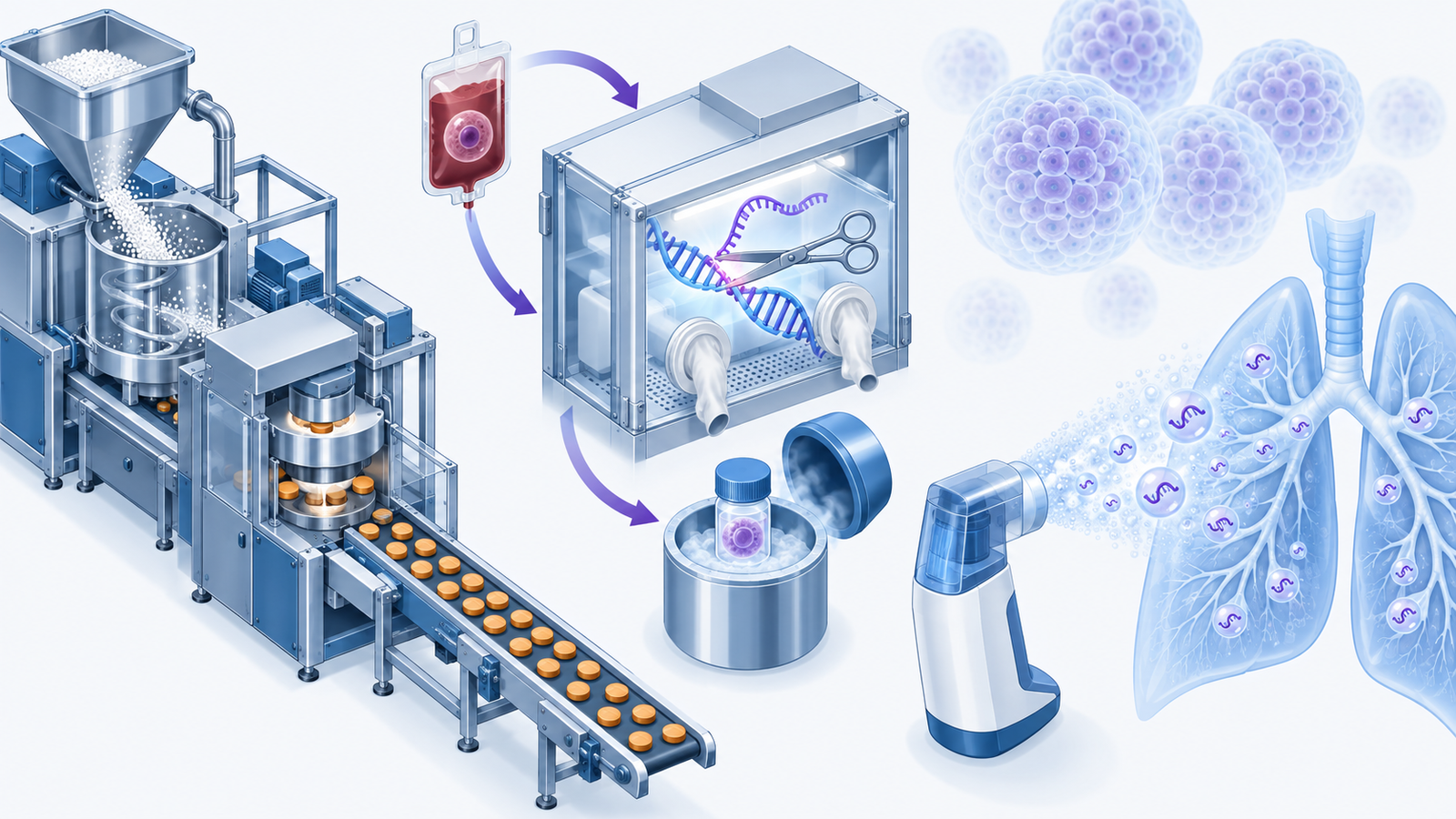 Conceptual Diagram: A drug discovery company with low-  continuous production and gene editing cells and inhalation mRNAs per patient