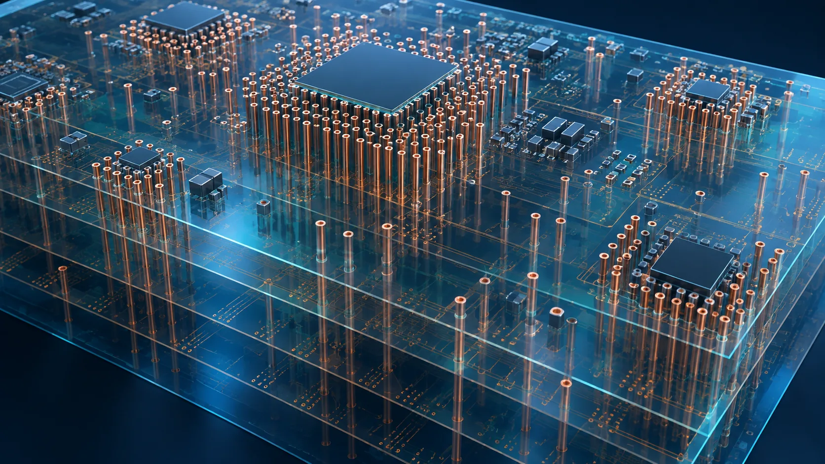 Conceptual image of copper-coloured slender pillars running up and down in great number through the interior of a multilayer printed board