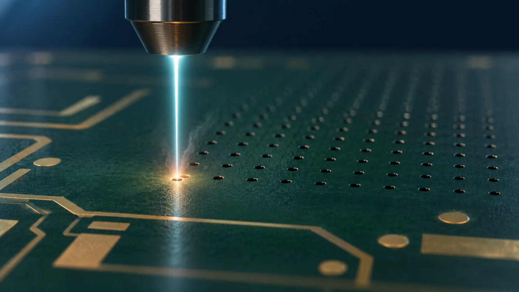 Conceptual image of laser light striking the surface of a green board, opening fine holes in a grid pattern