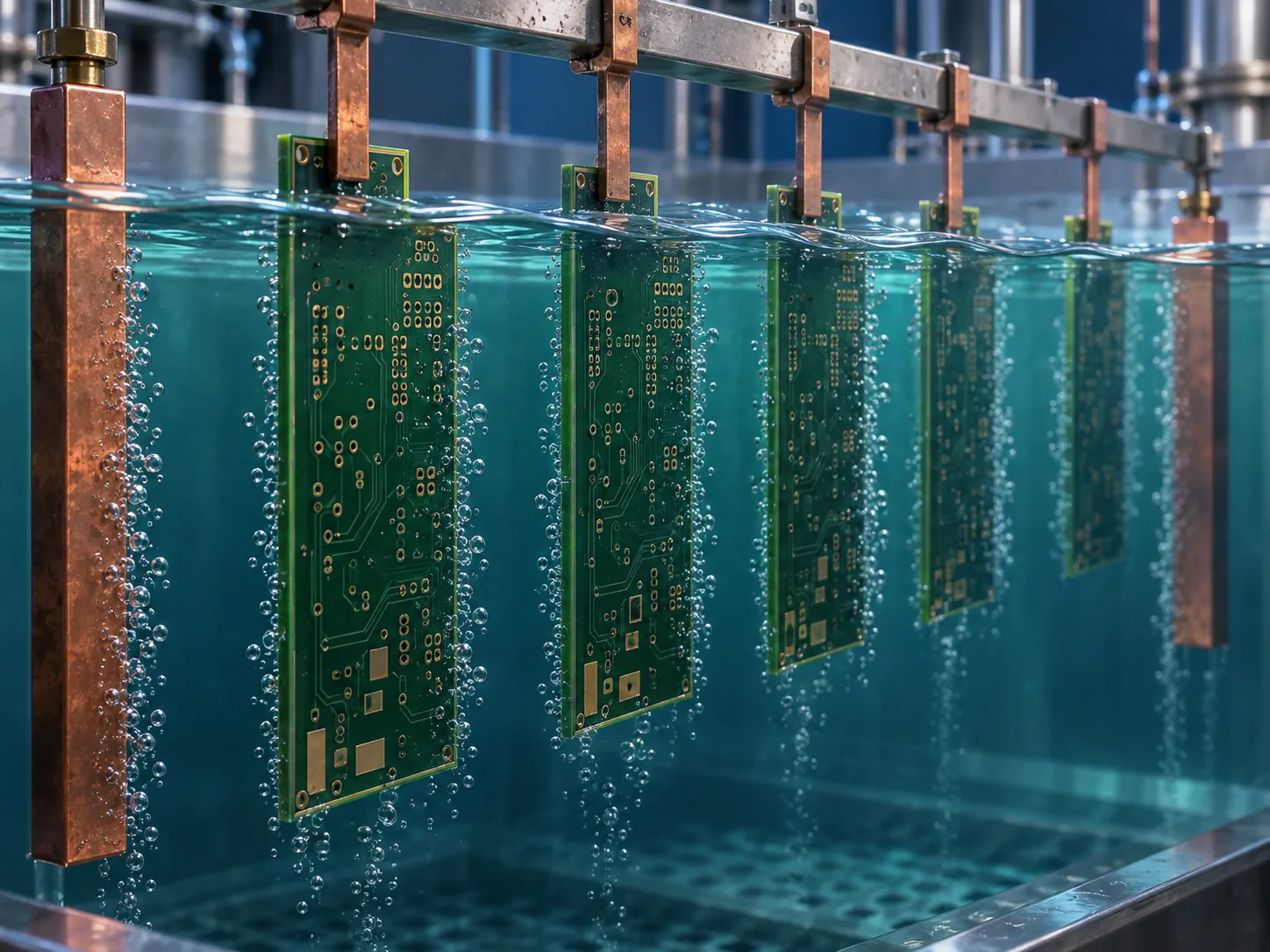 Conceptual image of boards suspended in an orderly row in the blue liquid of a plating bath, with bubbles rising