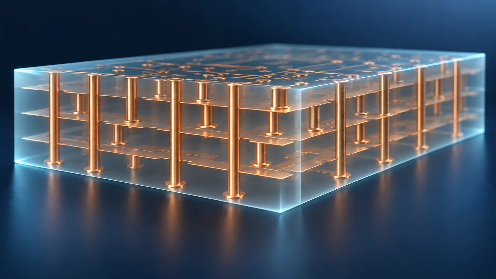Conceptual image of countless slender copper pillars running vertically through the interior of a multilayer board