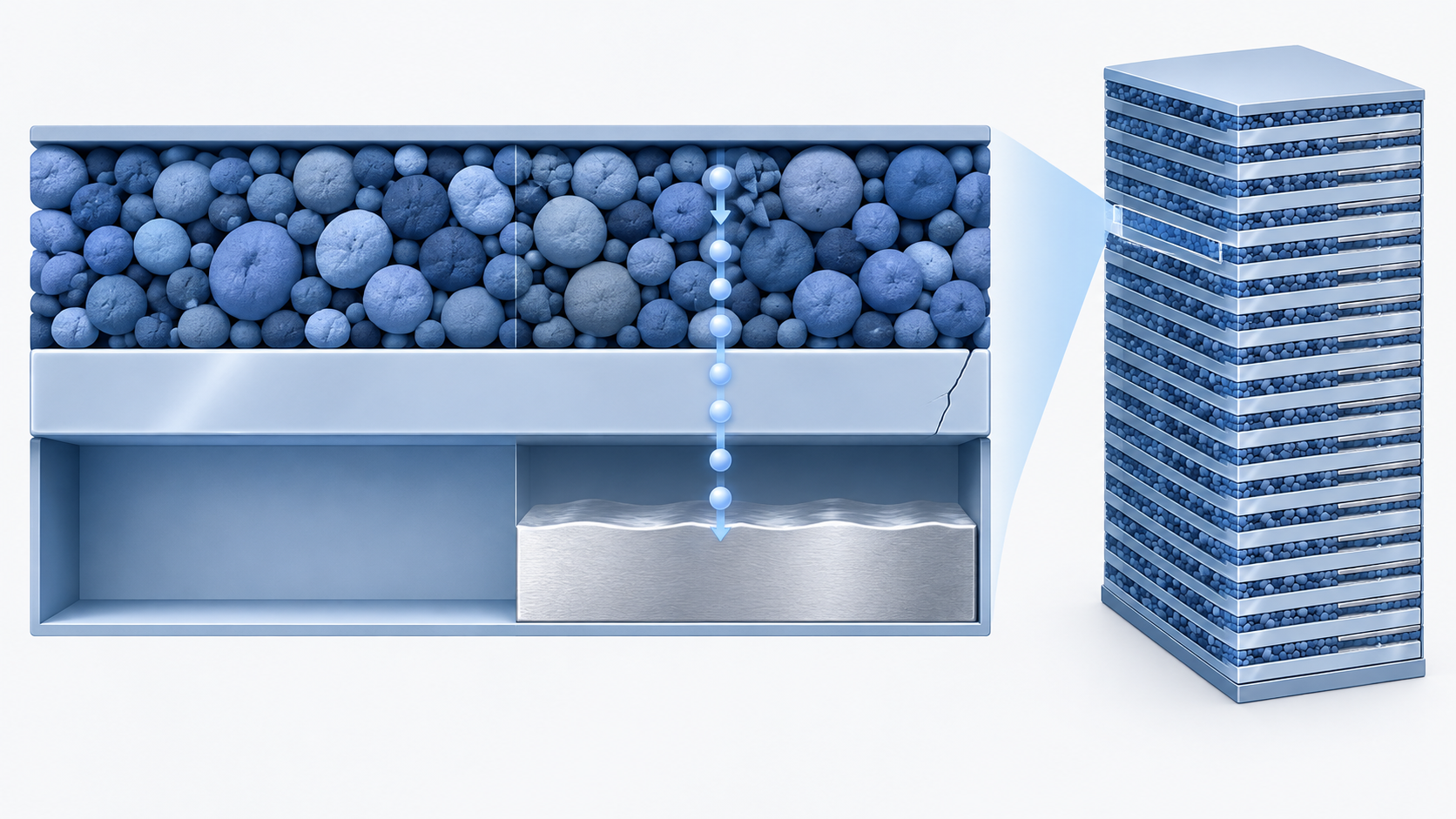 Conceptual diagram: A mechanism where metal precipitates on the back of a hard ceramic plate every time it is charged, serving as the negative electrode.