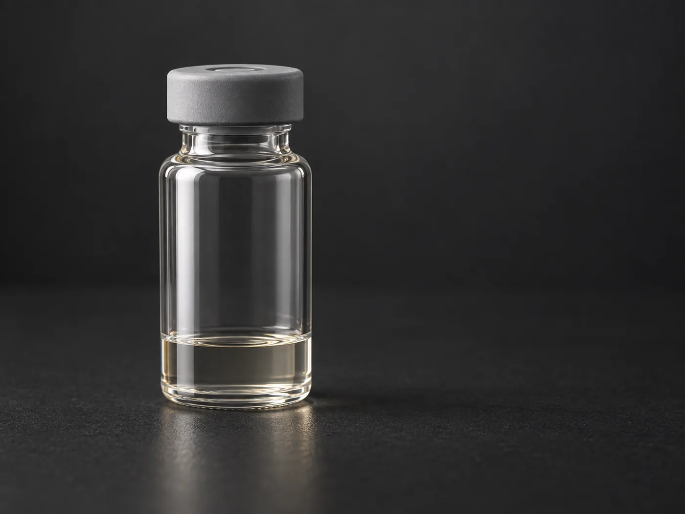 Conceptual image of a small plain glass vial on a dark surface holding a small volume of clear, very pale liquid