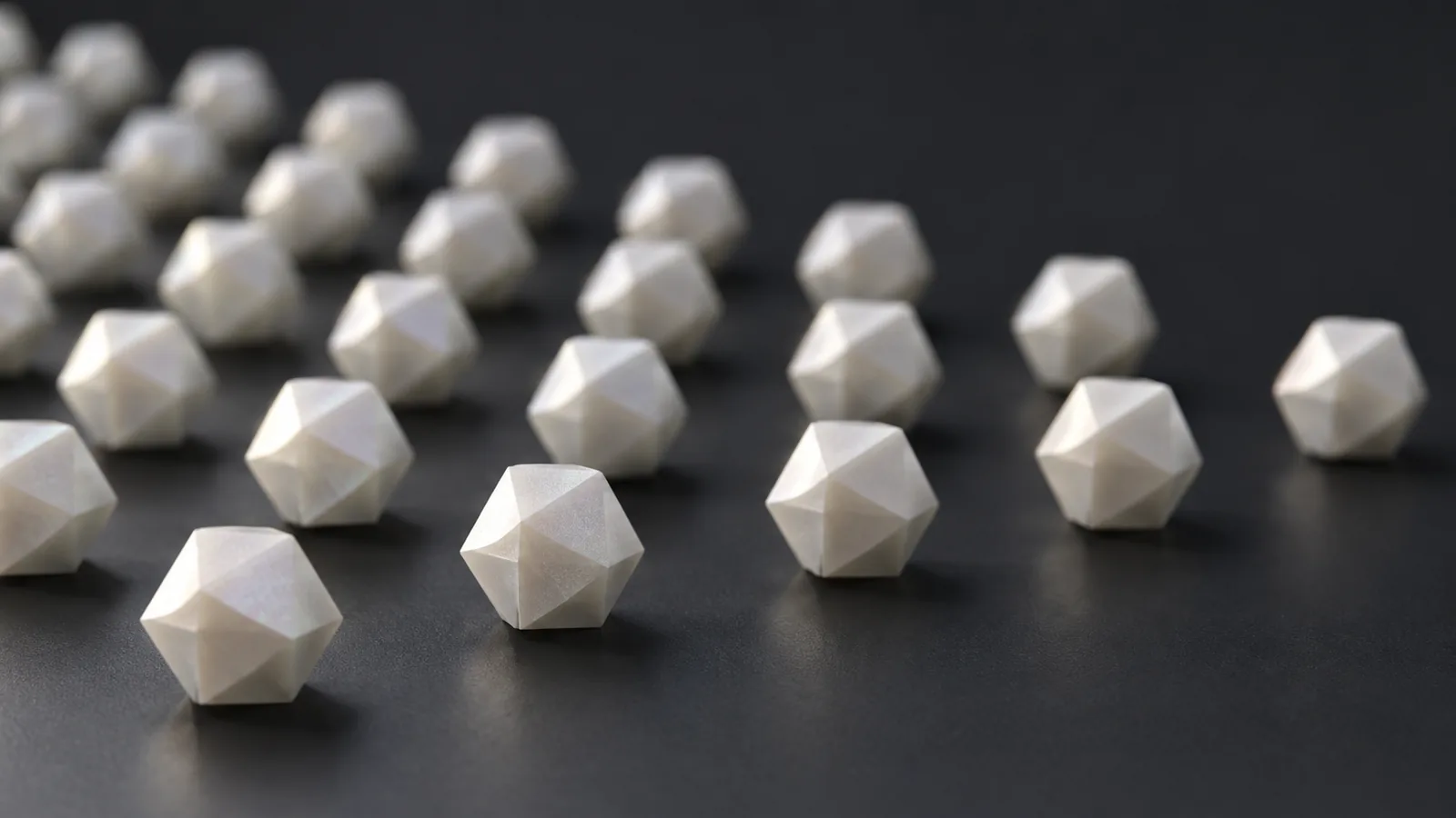 Abstract conceptual image of small polyhedra of identical shape loosely arranged against a dark background