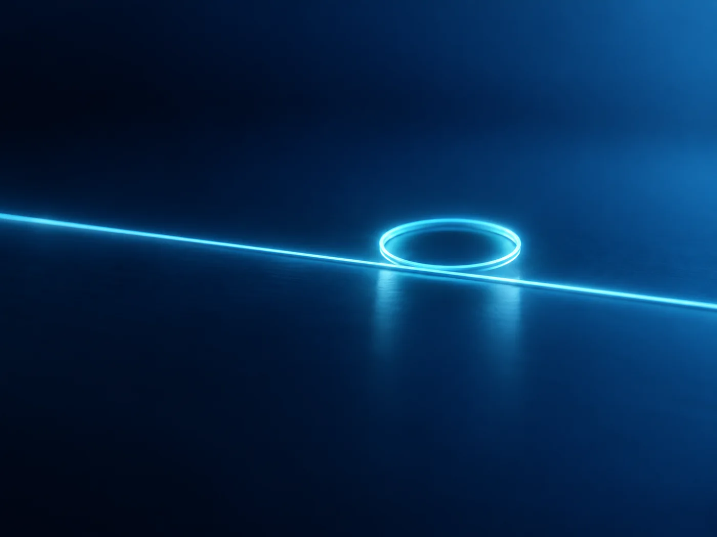 Conceptual image of a thin, faintly glowing straight path on a dark flat surface with a small ring of light placed right beside it