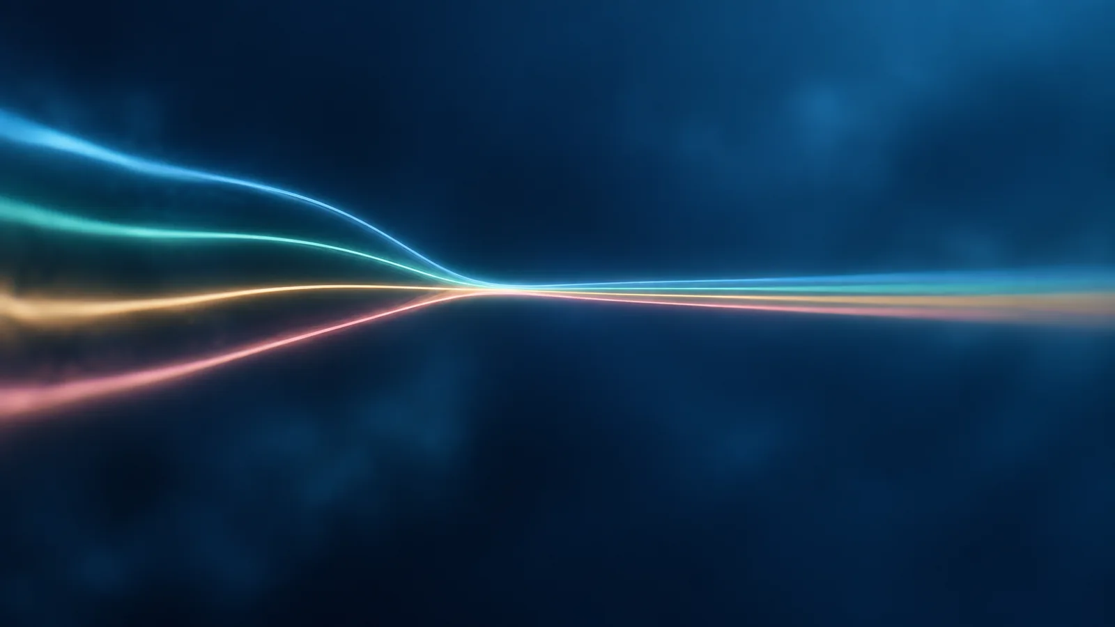 Conceptual image of several faint beams of light in slightly different colors bundled into one and travelling in the same direction against a dark background