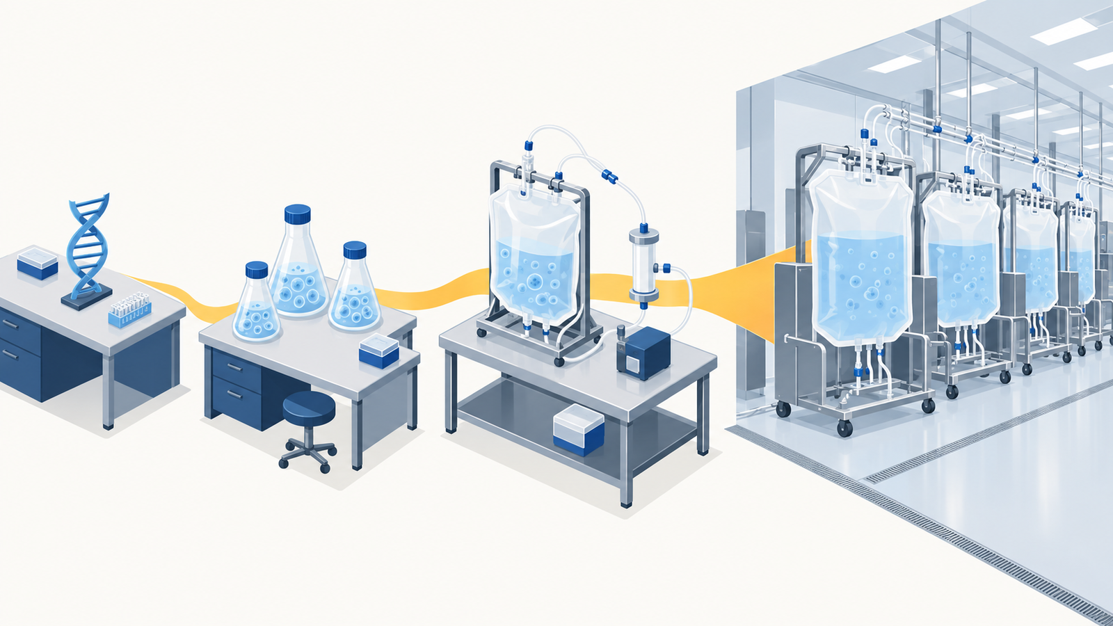 Concept diagram: an integrated contract workflow running in one line from antibody gene to cell line, culture process and commercial manufacture