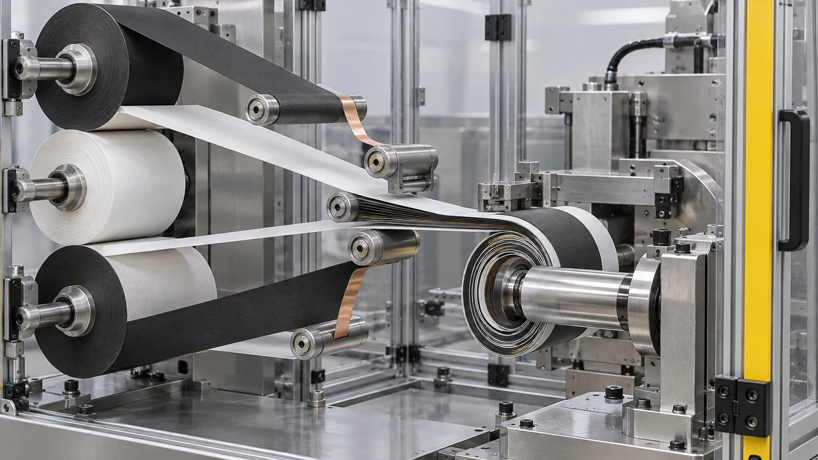 Pale separator sheets separate the dark electrode webs as they form a jelly roll