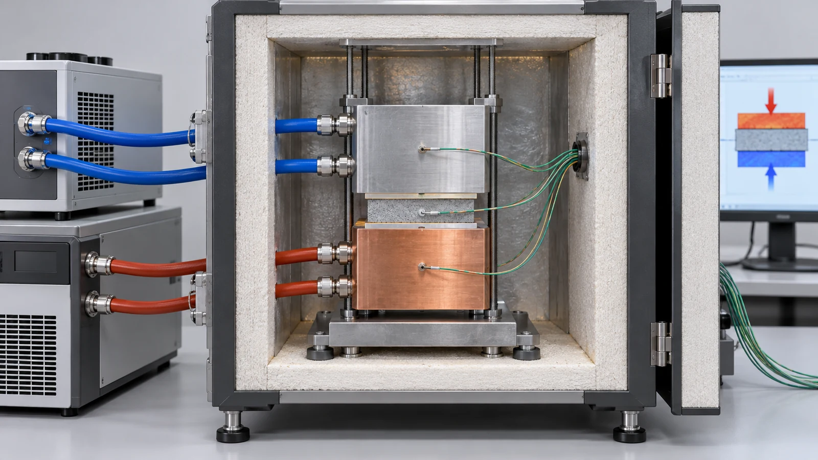 A temperature difference across a specimen supports heat-flow measurement