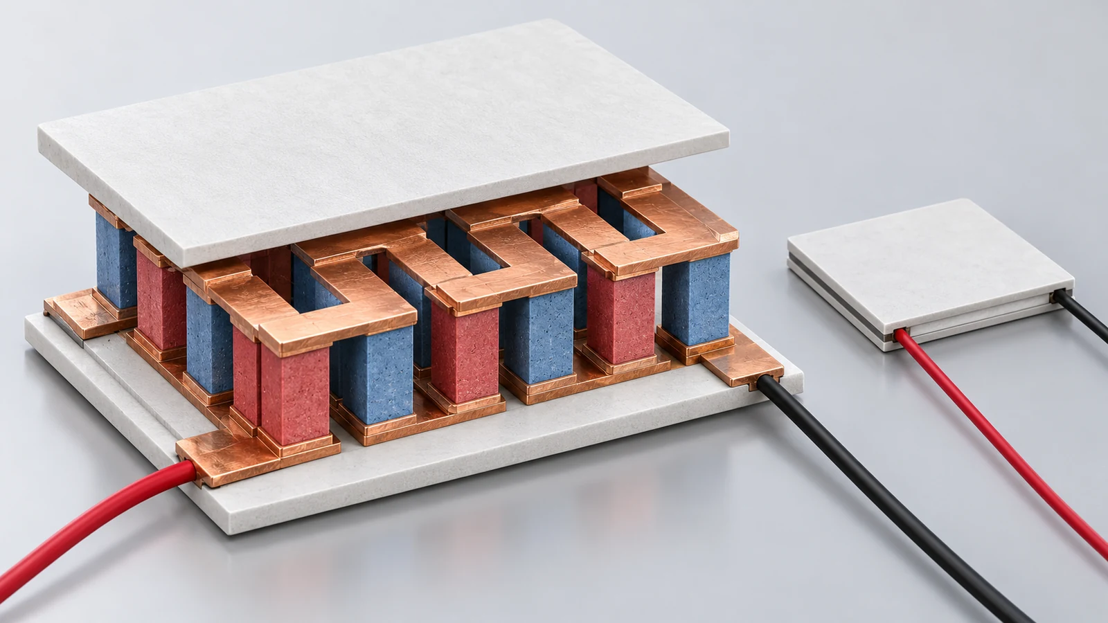 Semiconductor legs bridge both faces thermally in parallel while interconnects place them electrically in series