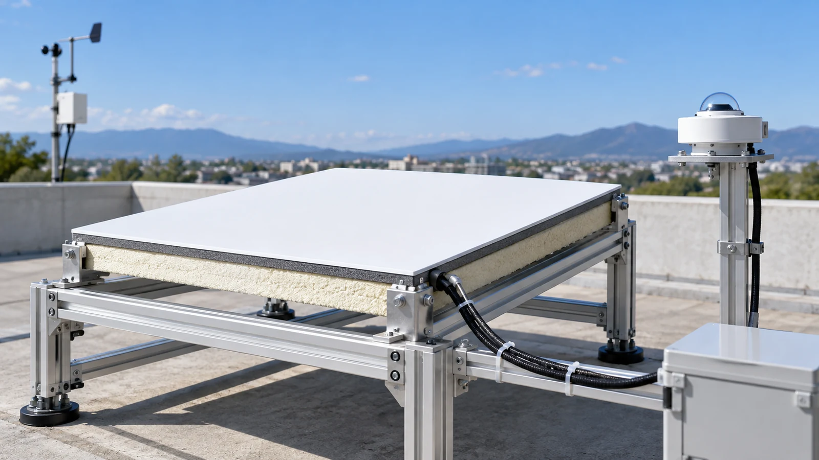A sky-facing white panel with insulated backing illustrates temperature testing