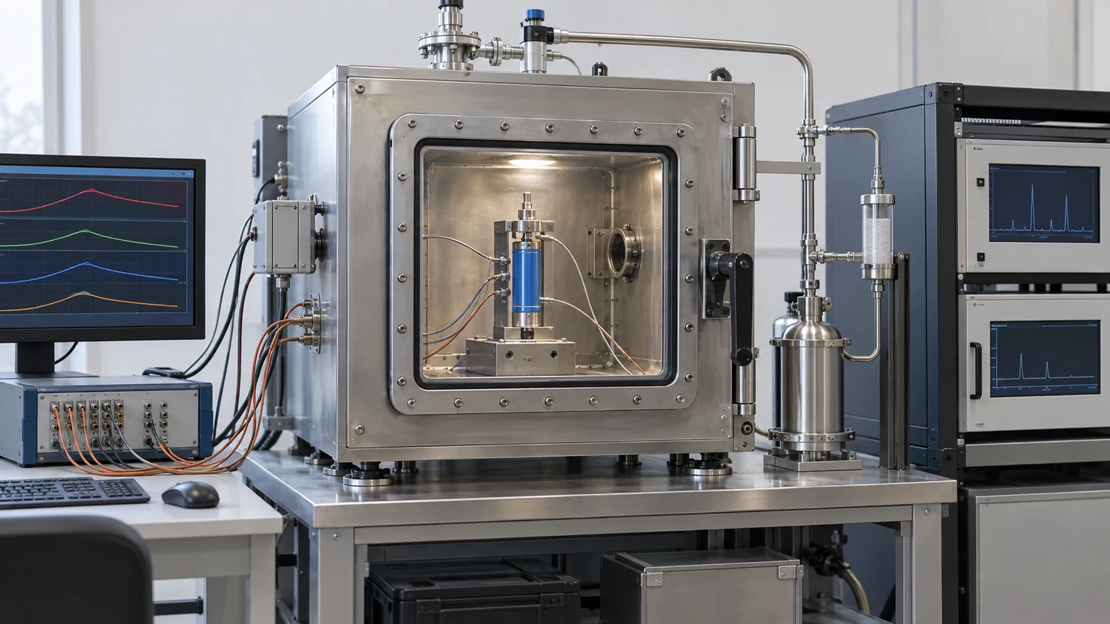 Cell temperature and gas are measured in a contained, exhausted test chamber