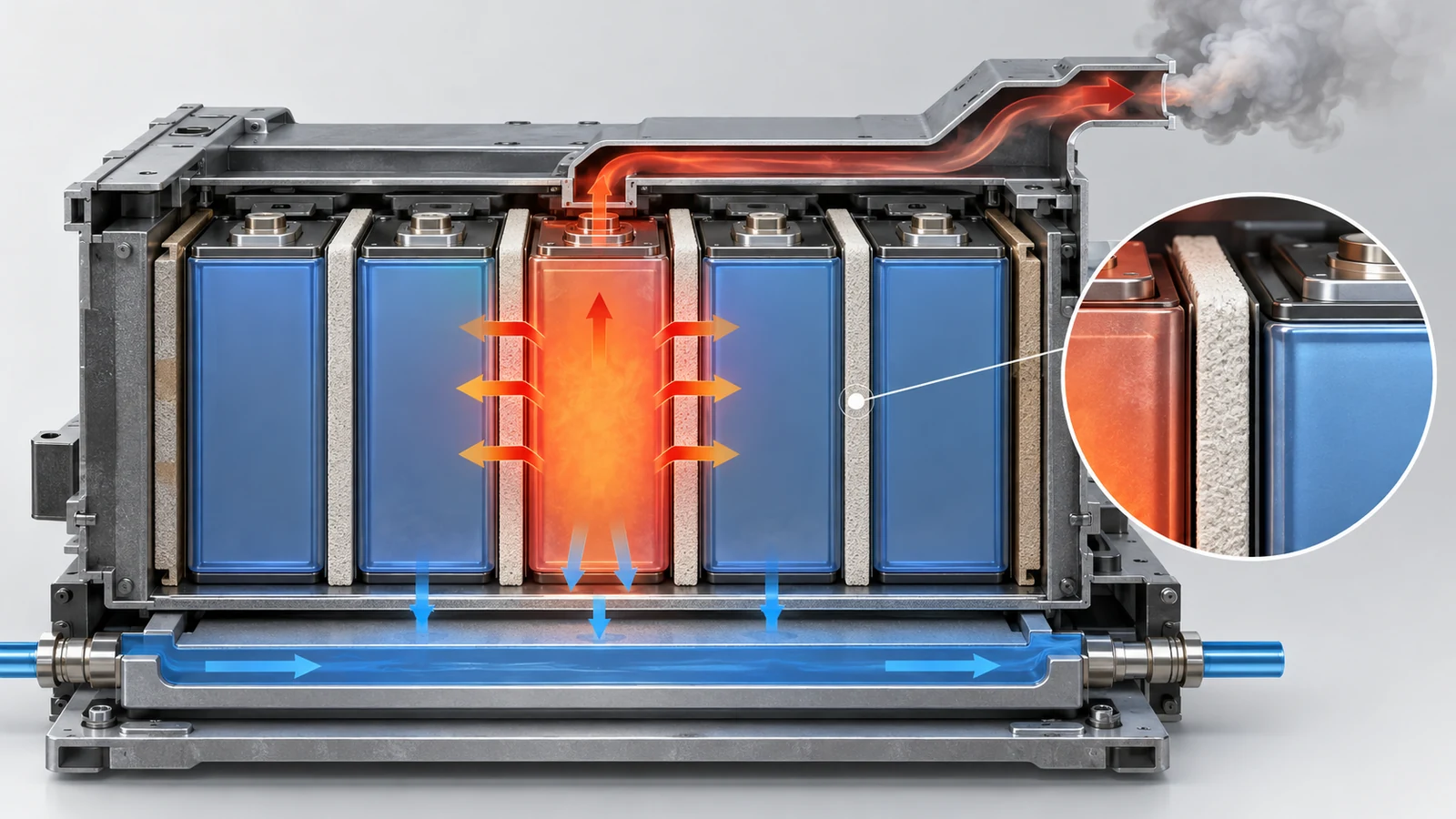 Heat through contacts, enclosure and cooling plate is distinguished from vent-gas routing