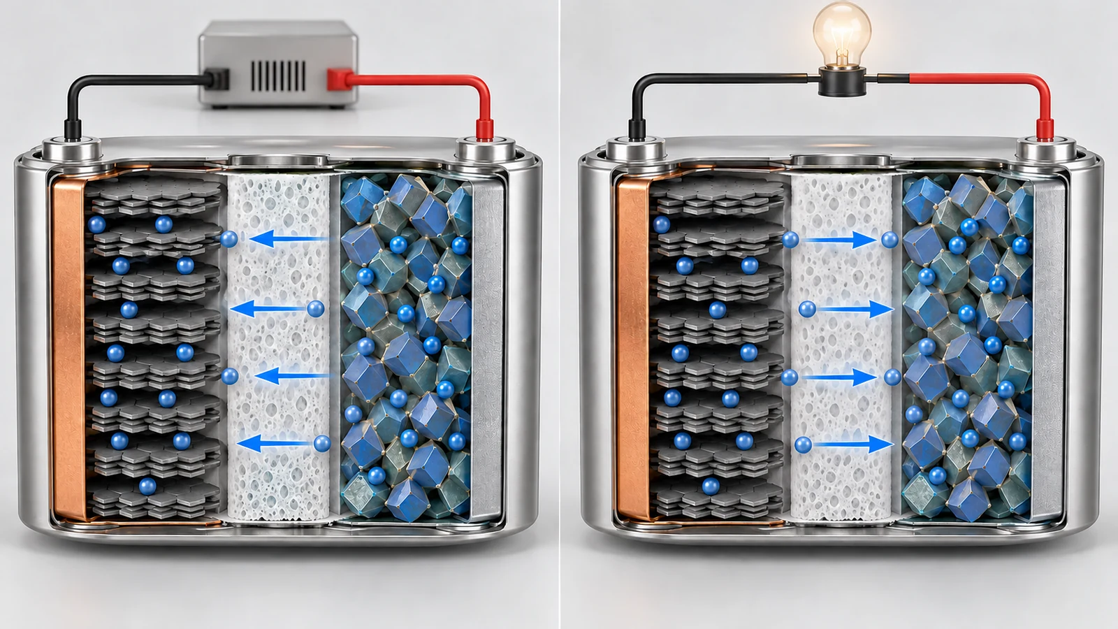 Lithium ions move from cathode to anode during charging and reverse direction during discharge