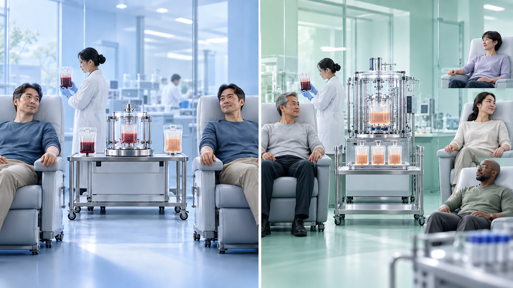 Autologous cells return to the same patient, whereas allogeneic cells come from another donor