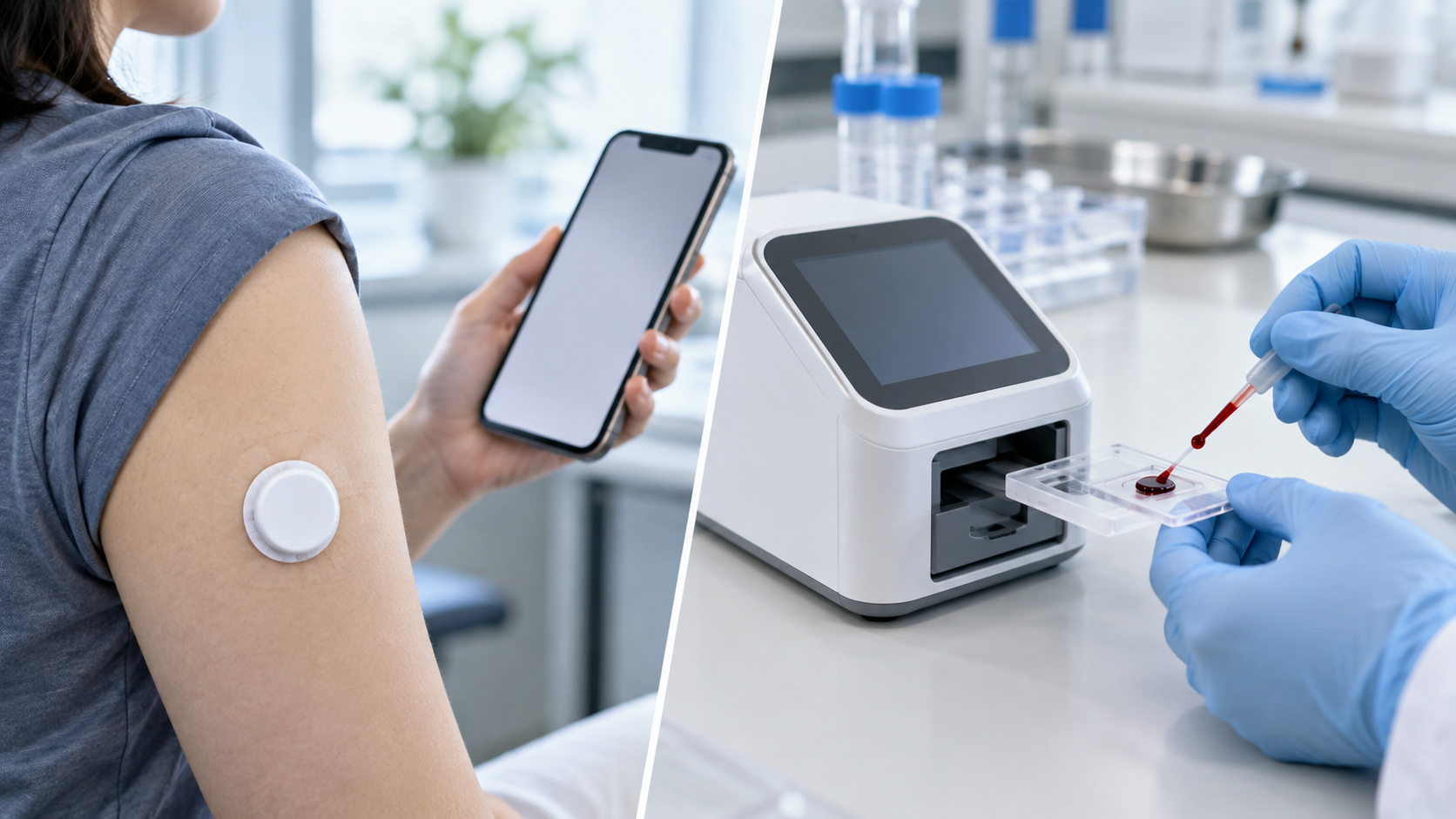 Concept image: a small round sensor worn on the upper arm with a smartphone, beside a hand-held point-of-care analyzer with a test cartridge