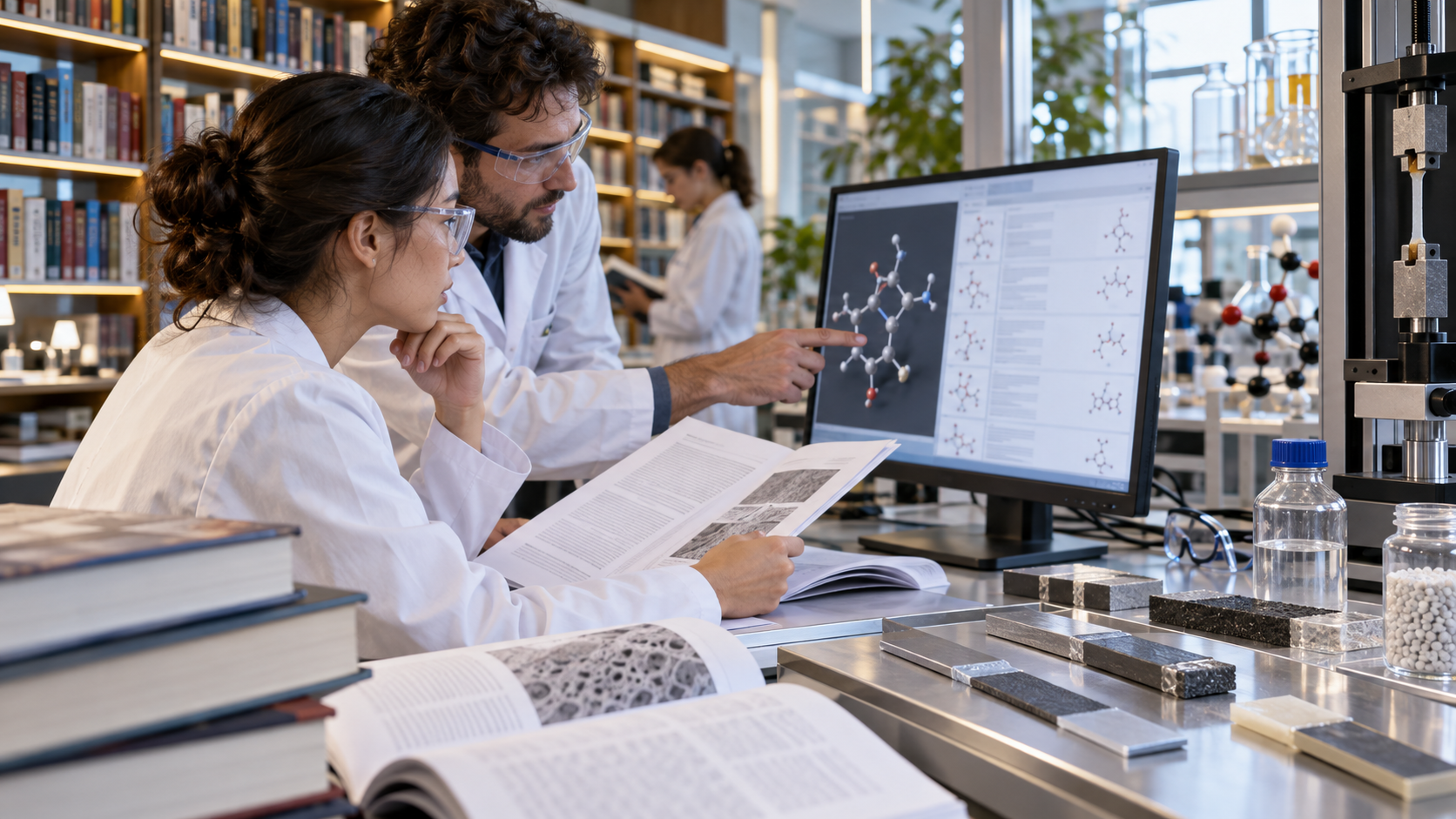 A conceptual view of chemical research shared through journals and professional meetings; not a photograph of an ACS building or event.