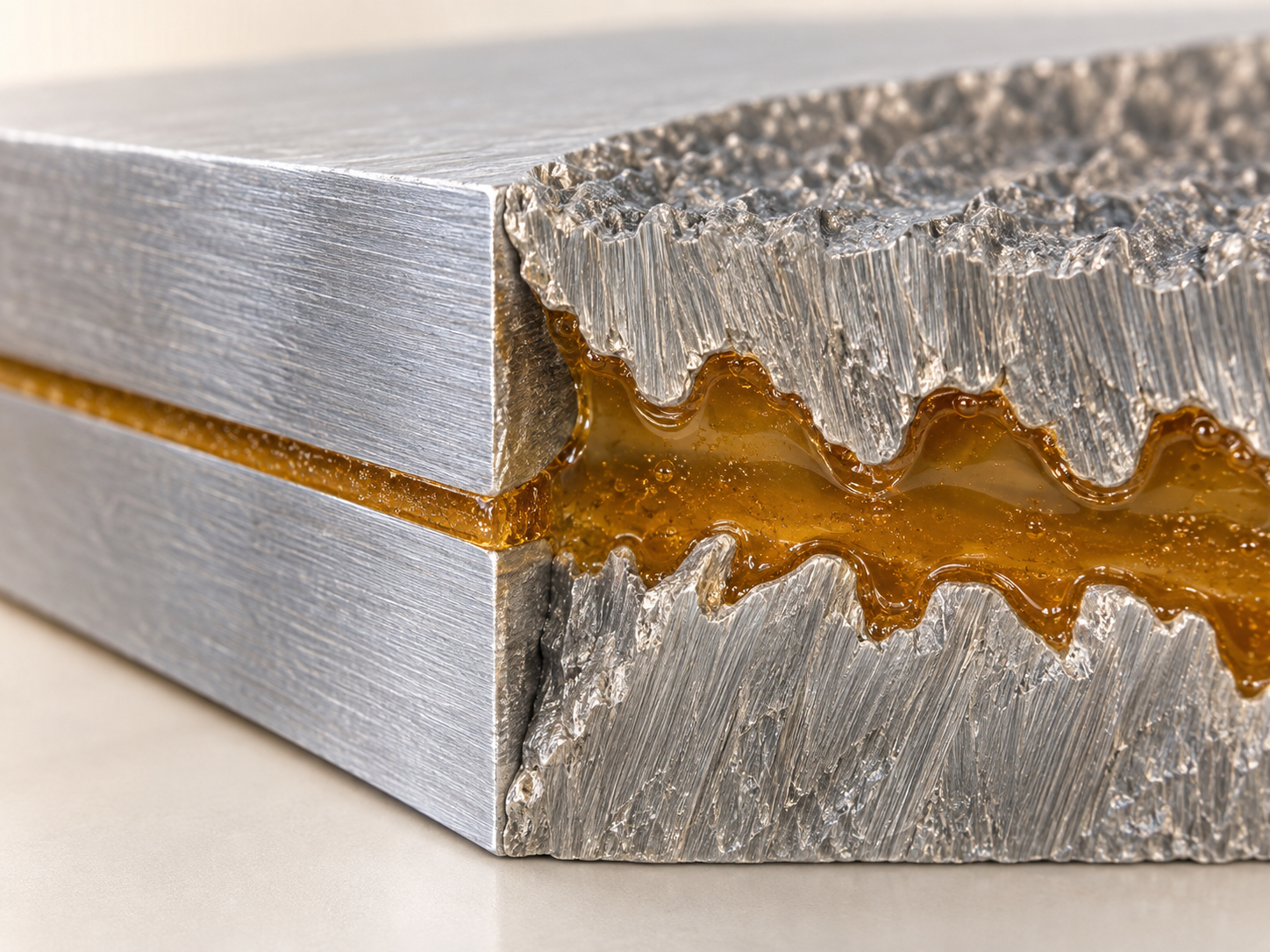 Fig. 2: cross-section of a bonded joint, and adhesive filling the roughness of a metal surface
