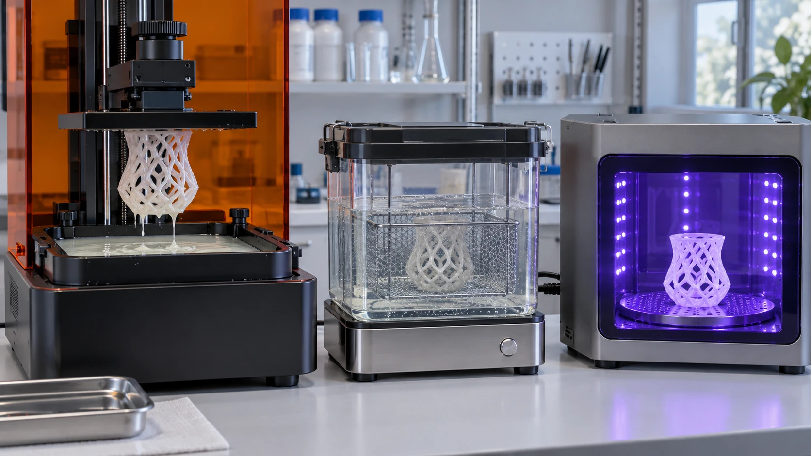 Left to right: a lattice part lifted out of liquid resin in a vat printer, washed in solvent, then hardened in a UV post-cure unit