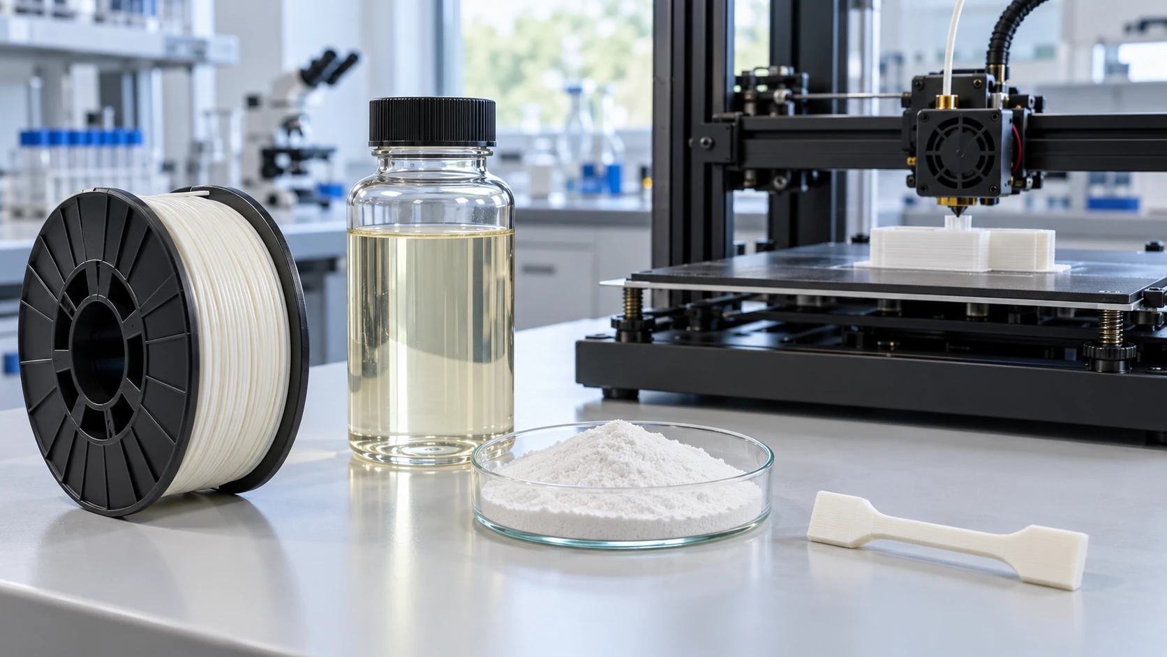 A bright lab bench with a filament spool, a container of liquid resin, a dish of white powder and printed dumbbell-shaped test bars, while a desktop 3D printer in the background builds a part one layer at a time