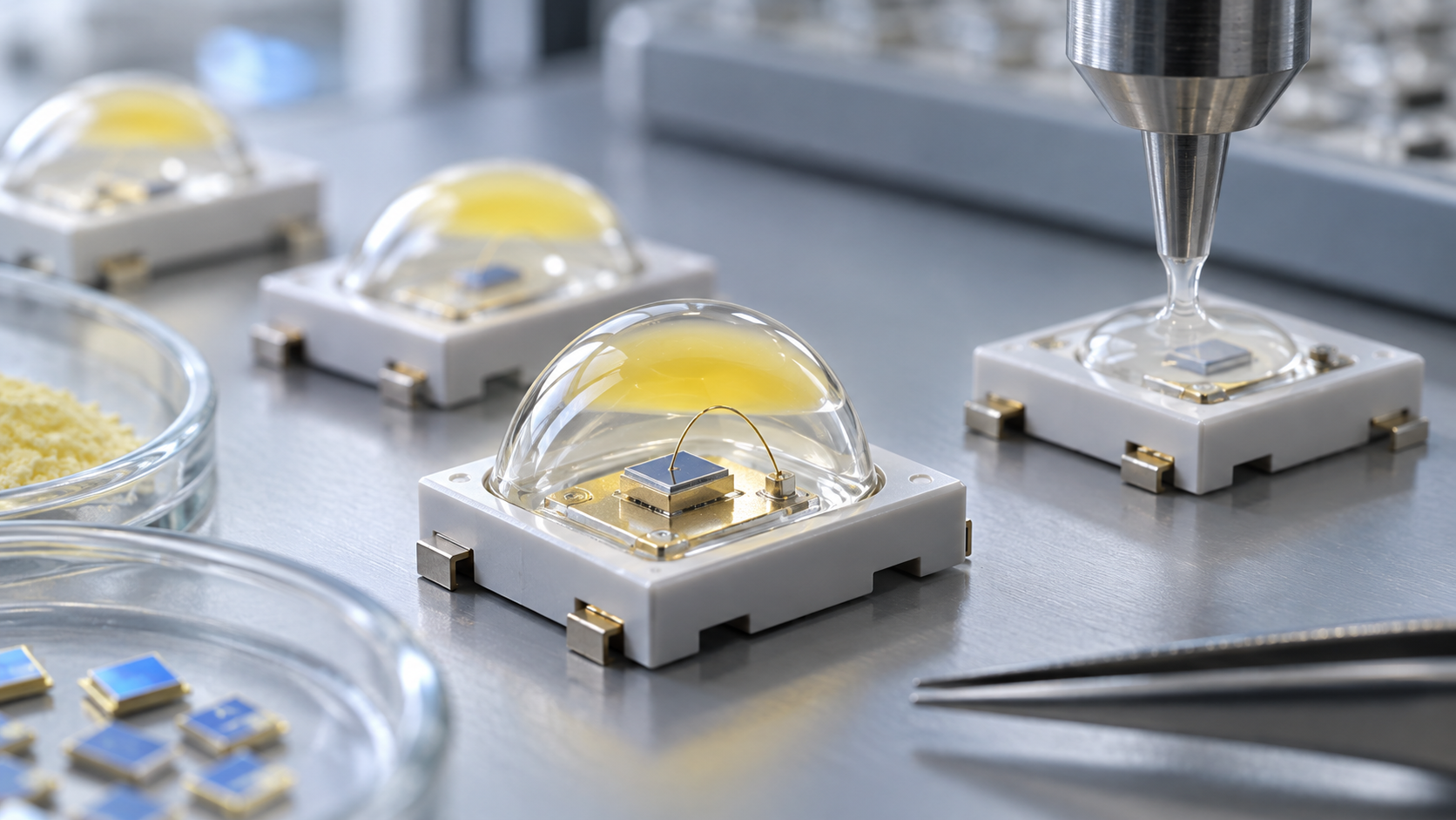 Concept image: dispensing silicone encapsulant onto an LED chip, and the cross-section of the package (chip, adhesive layer, gold wire, encapsulant, phosphor)